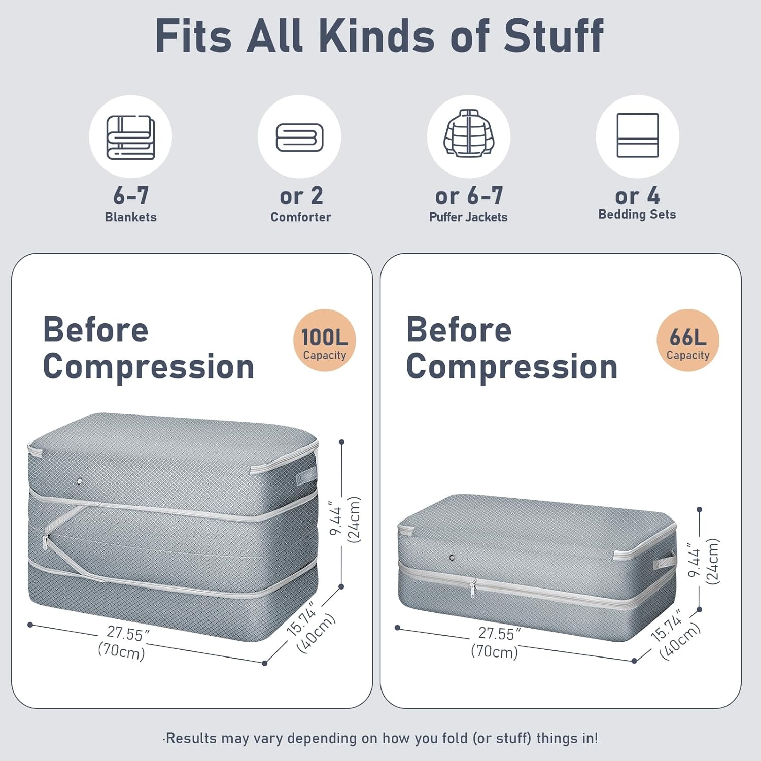 image:imageDIMJ Clothes Storage Bag 8 Pack 19L Compression Storage Bags for Sweater Closet Sheet Storage Organizer with Window Handle Compression Packing Cubes Space Saver Storage Bags with ZipperGray
