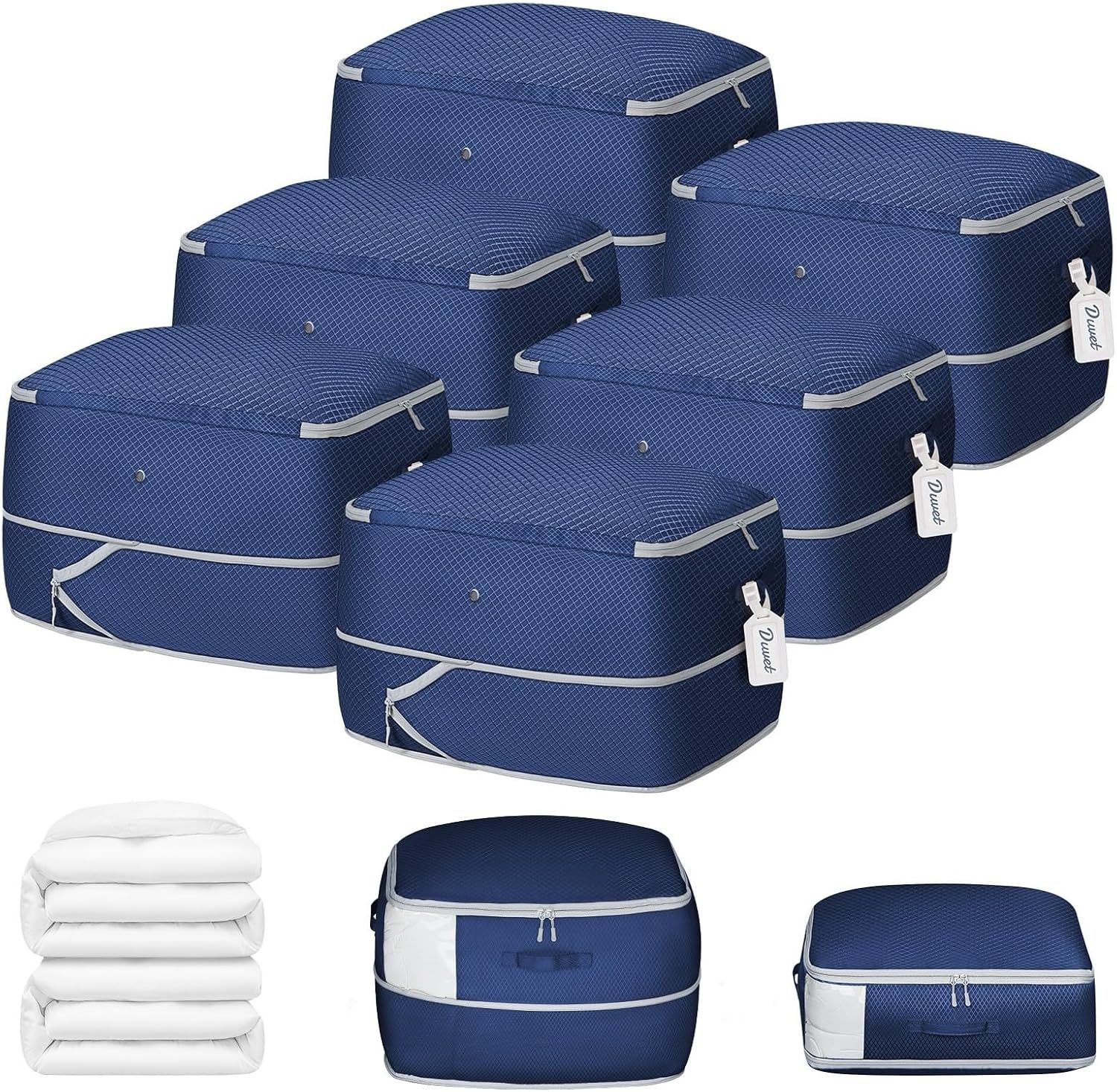 image:imageDIMJ Clothes Storage Bag 8 Pack 19L Compression Storage Bags for Sweater Closet Sheet Storage Organizer with Window Handle Compression Packing Cubes Space Saver Storage Bags with ZipperNavy Blue