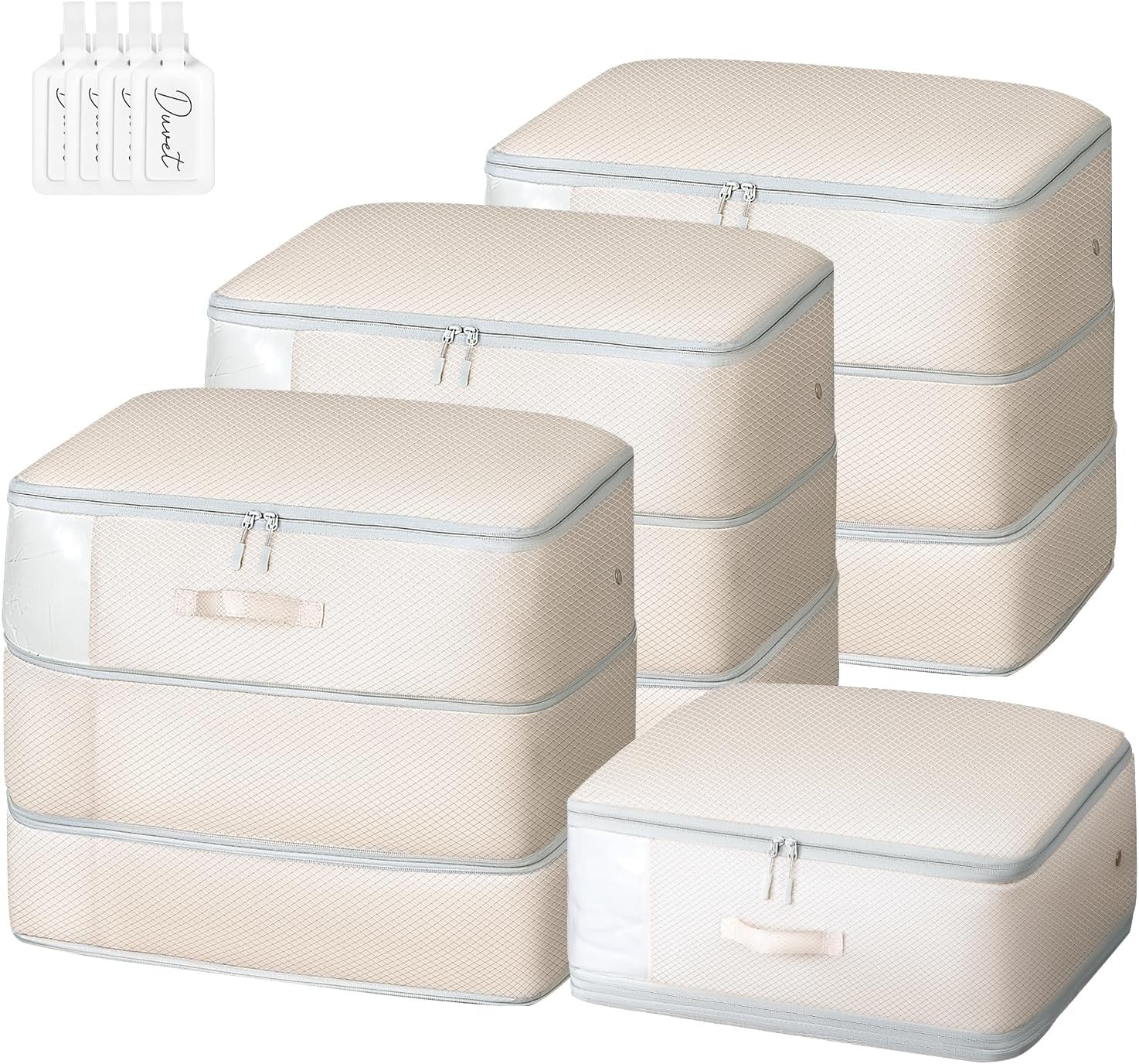 image:imageDIMJ Clothes Storage Bag 8 Pack 19L Compression Storage Bags for Sweater Closet Sheet Storage Organizer with Window Handle Compression Packing Cubes Space Saver Storage Bags with ZipperBeige