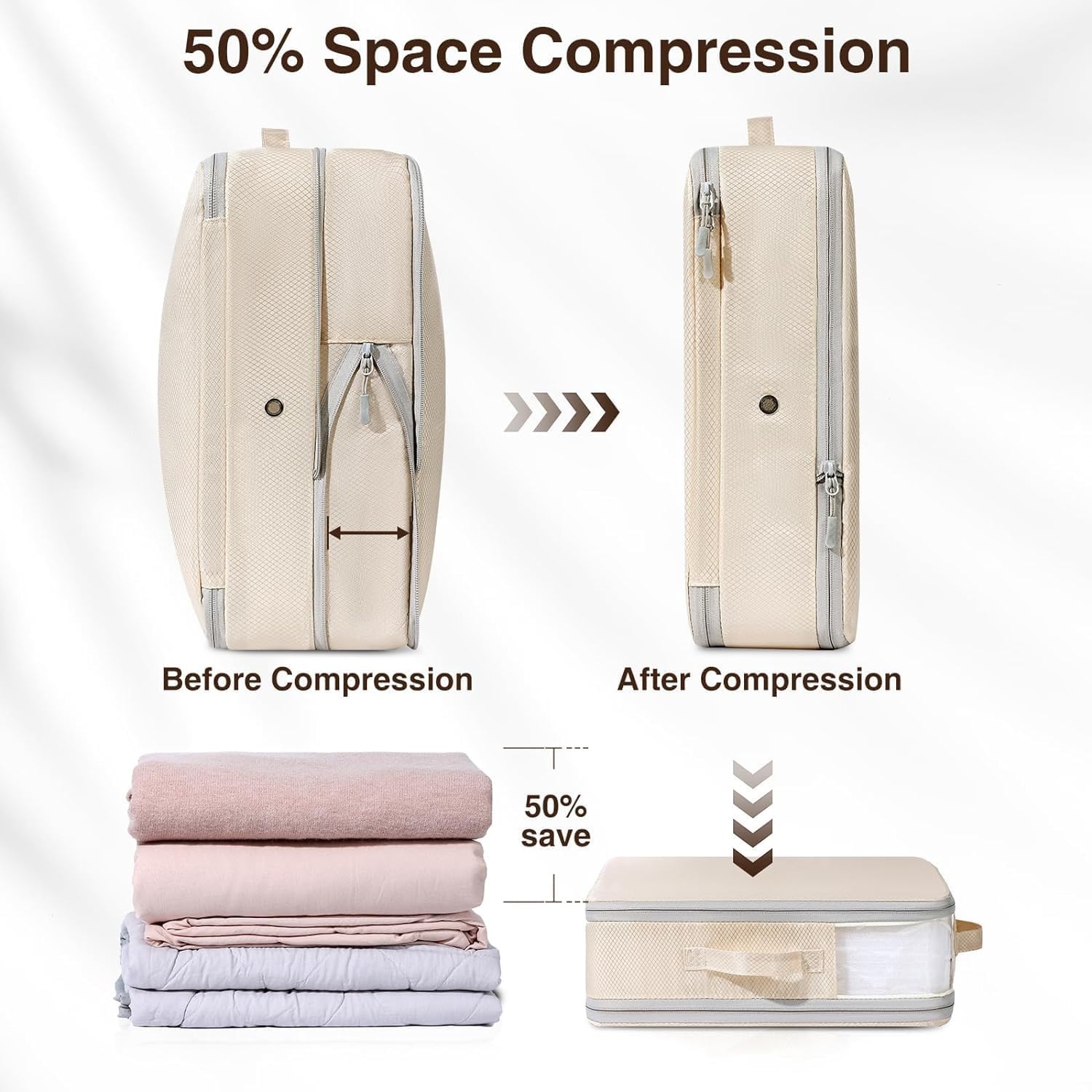 image:imageDIMJ Clothes Storage Bag 8 Pack 19L Compression Storage Bags for Sweater Closet Sheet Storage Organizer with Window Handle Compression Packing Cubes Space Saver Storage Bags with ZipperBeige