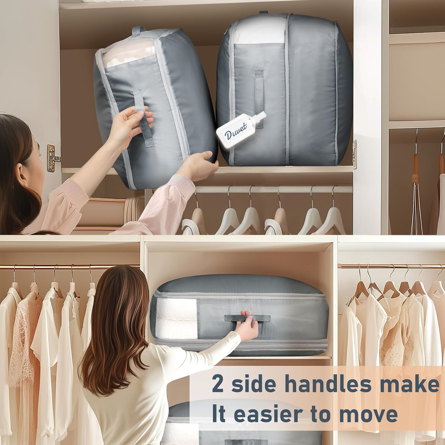 image:imageDIMJ Clothes Storage Bag 8 Pack 19L Compression Storage Bags for Sweater Closet Sheet Storage Organizer with Window Handle Compression Packing Cubes Space Saver Storage Bags with ZipperGray