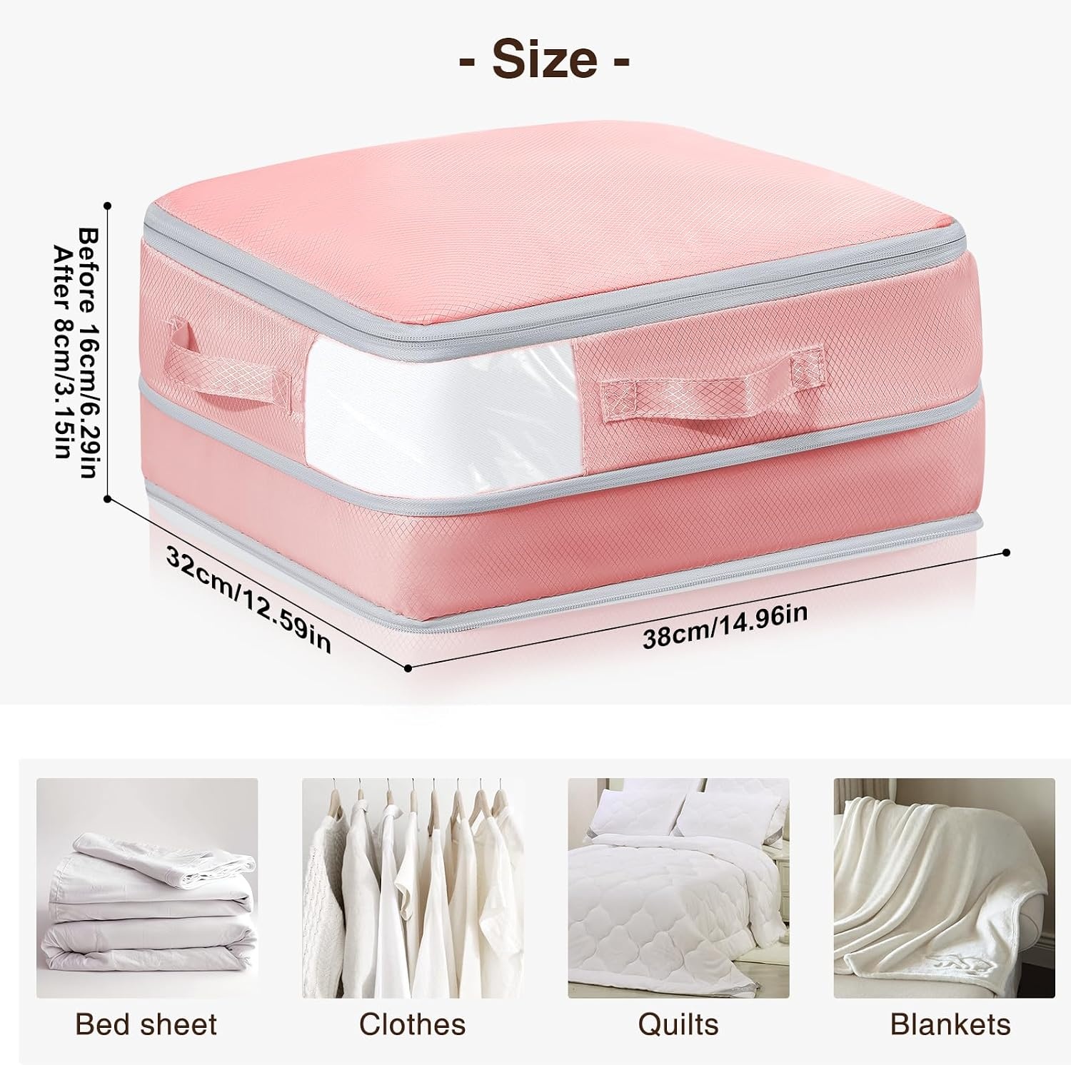 image:imageDIMJ Clothes Storage Bag 8 Pack 19L Compression Storage Bags for Sweater Closet Sheet Storage Organizer with Window Handle Compression Packing Cubes Space Saver Storage Bags with ZipperPink