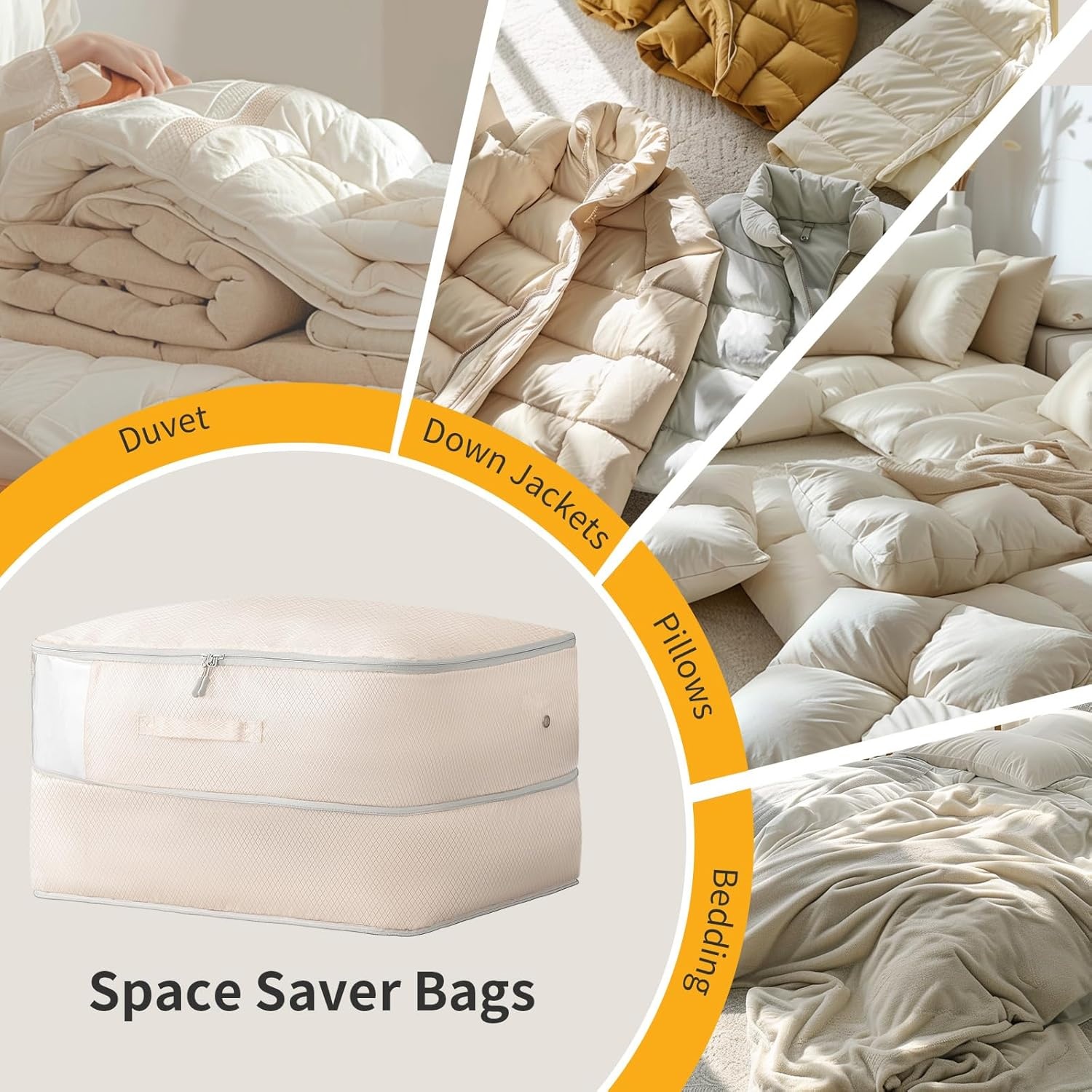image:imageDIMJ Comforter Storage Bag 4 Pack Blanket Storage Organizer Compression Bags Large Capacity Ultra Space Saving Self Compression Organize for Bedding Pillow Duvet Sheet Storage with Zipper Window