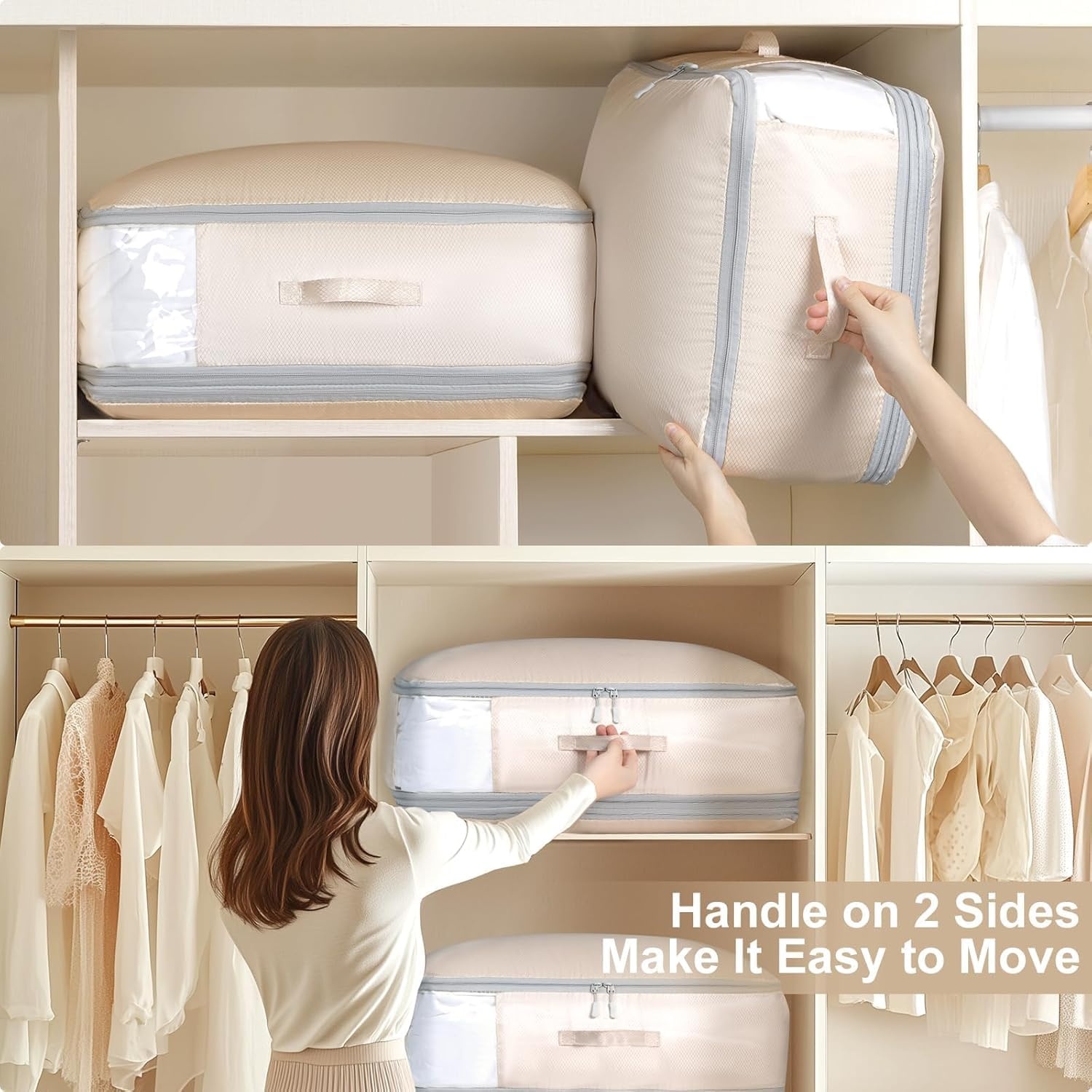 image:imageDIMJ Comforter Storage Bag 4 Pack Blanket Storage Organizer Compression Bags Large Capacity Ultra Space Saving Self Compression Organize for Bedding Pillow Duvet Sheet Storage with Zipper WindowBeige