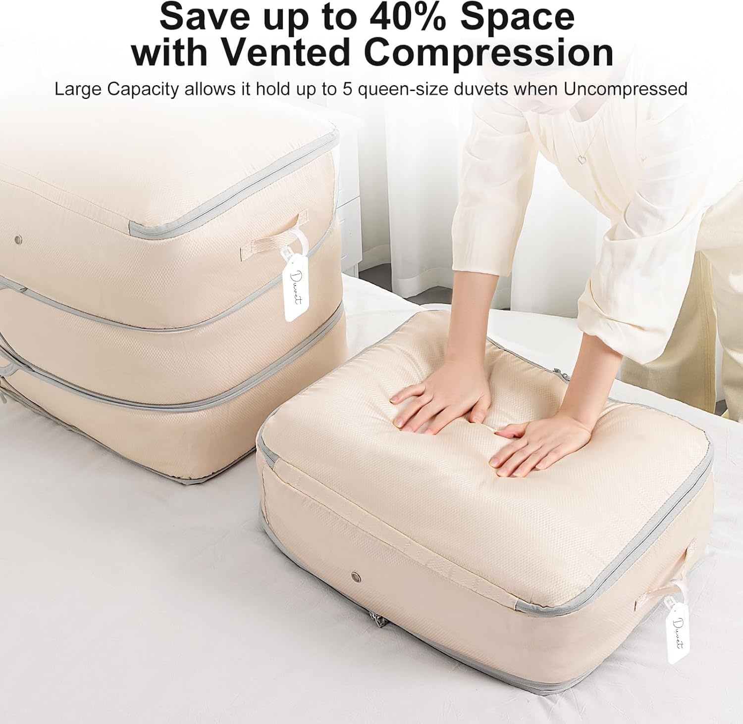 image:imageDIMJ Comforter Storage Bag 4 Pack Blanket Storage Organizer Compression Bags Large Capacity Ultra Space Saving Self Compression Organize for Bedding Pillow Duvet Sheet Storage with Zipper WindowBeige