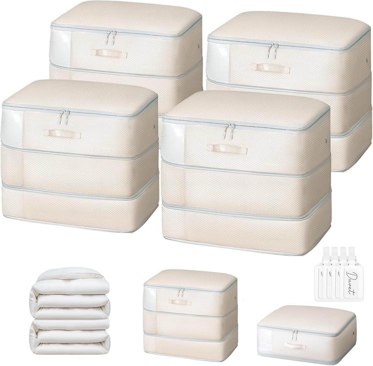 image:imageDIMJ Comforter Storage Bag 4 Pack Blanket Storage Organizer Compression Bags Large Capacity Ultra Space Saving Self Compression Organize for Bedding Pillow Duvet Sheet Storage with Zipper WindowBeige
