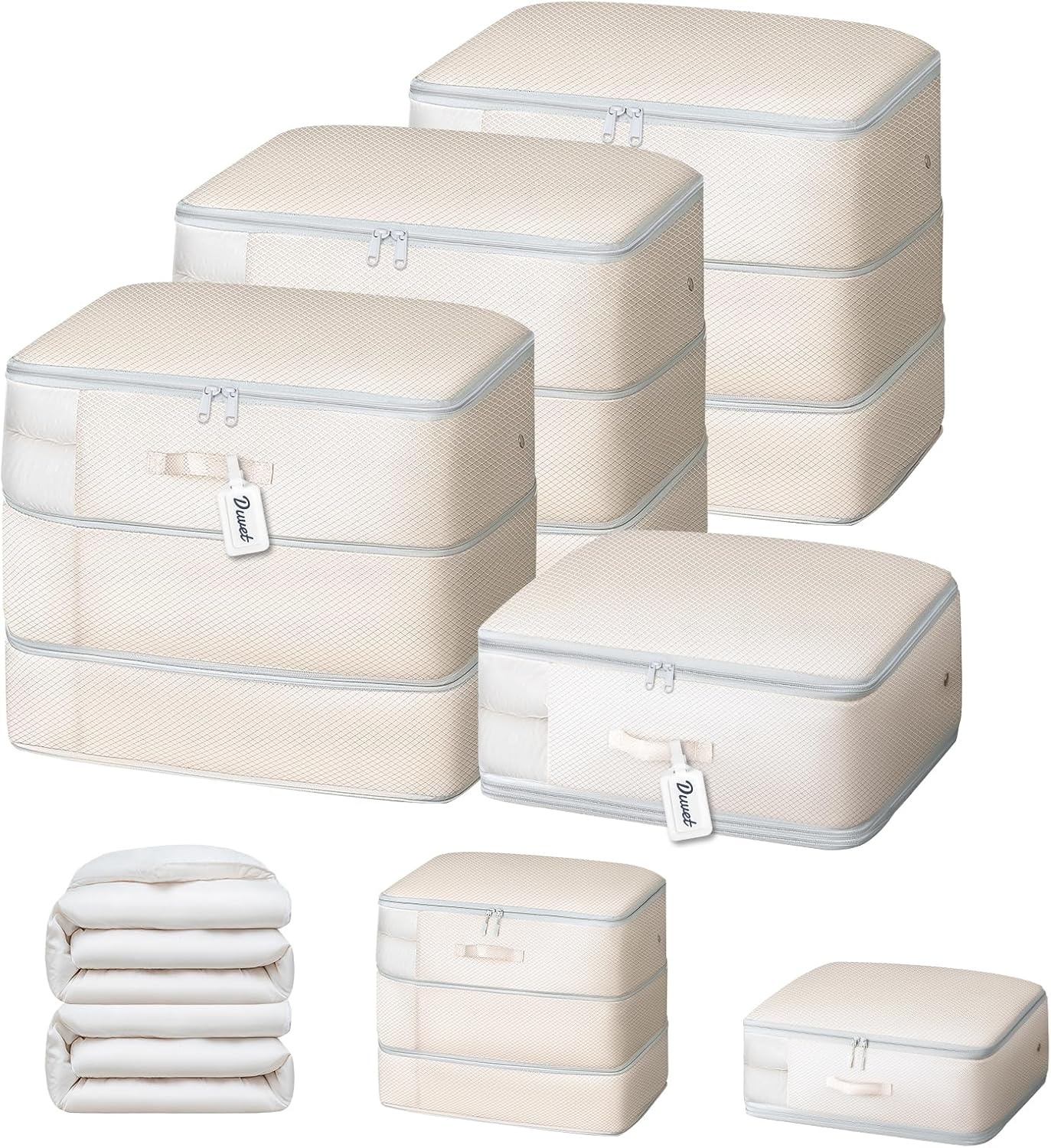 image:imageDIMJ Comforter Storage Bag 4 Pack Blanket Storage Organizer Compression Bags Large Capacity Ultra Space Saving Self Compression Organize for Bedding Pillow Duvet Sheet Storage with Zipper WindowBeige