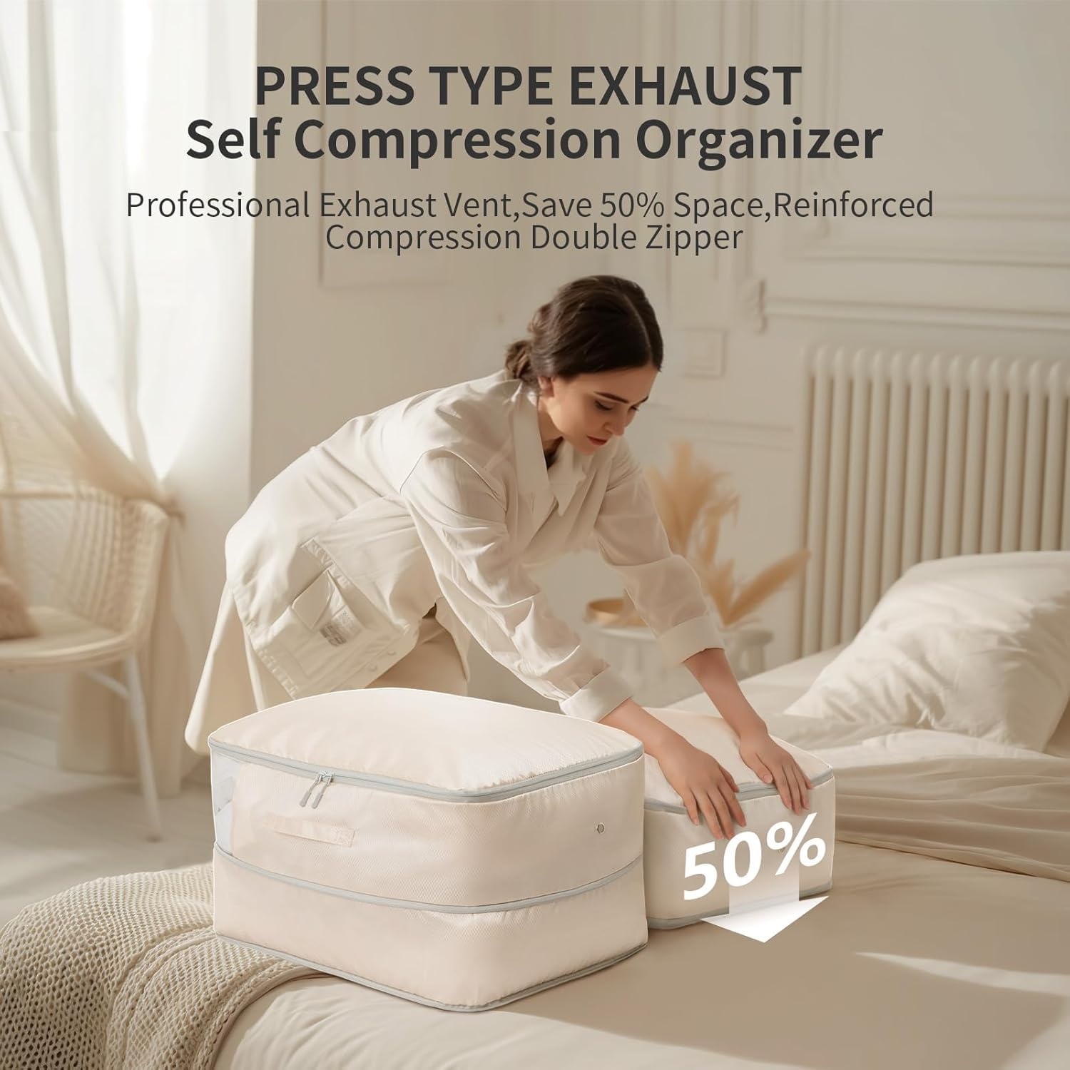 image:imageDIMJ Comforter Storage Bag 4 Pack Blanket Storage Organizer Compression Bags Large Capacity Ultra Space Saving Self Compression Organize for Bedding Pillow Duvet Sheet Storage with Zipper WindowBeige