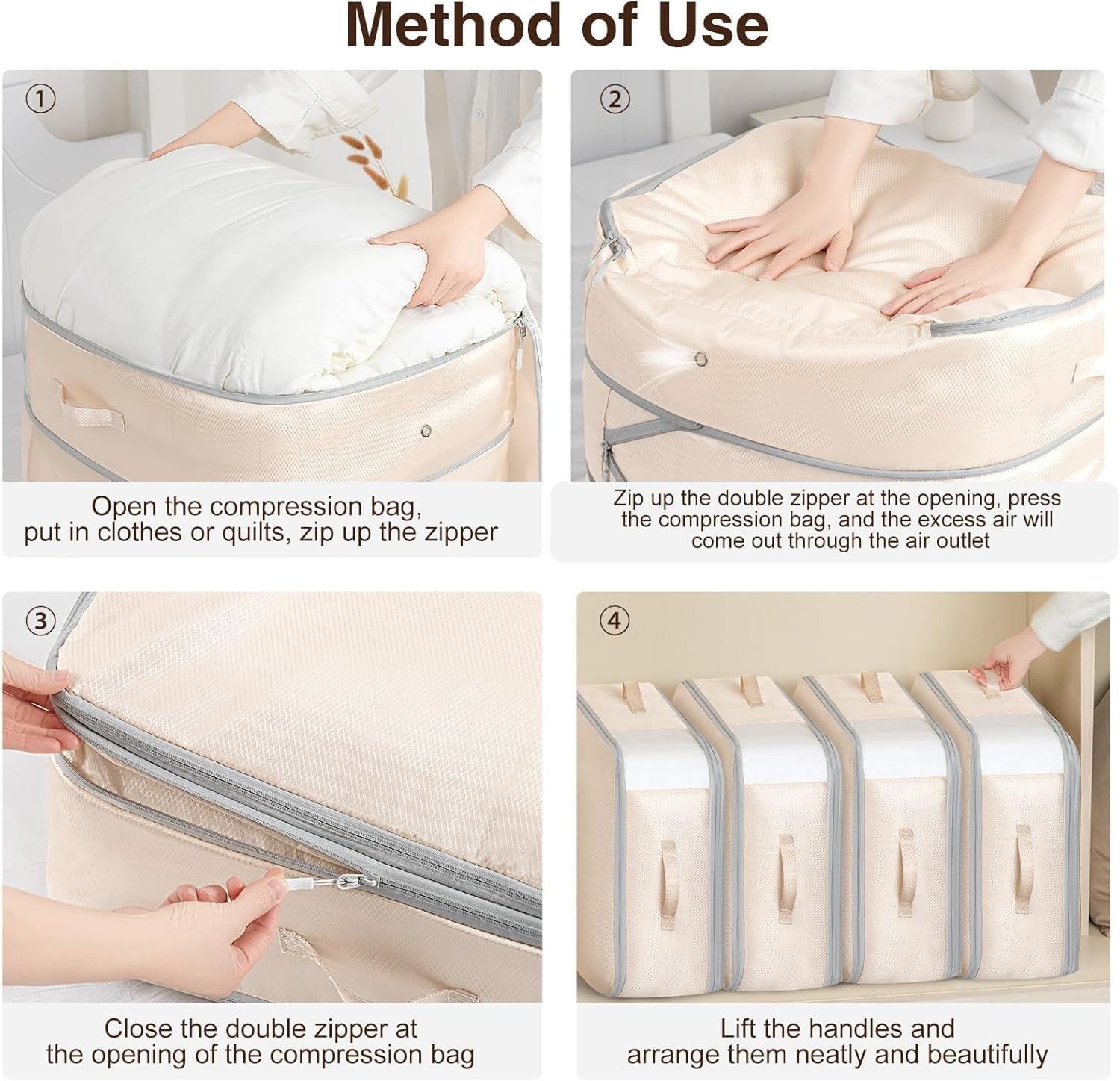 image:imageDIMJ Comforter Storage Bag 4 Pack Blanket Storage Organizer Compression Bags Large Capacity Ultra Space Saving Self Compression Organize for Bedding Pillow Duvet Sheet Storage with Zipper WindowBeige