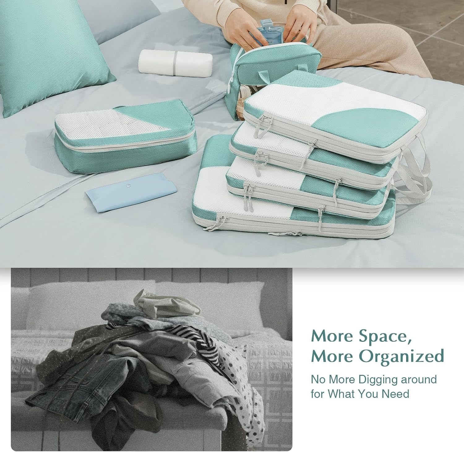 image:imageDIMJ Compression Packing Cubes 8 Set for Travel With Double Zipper Mesh Cubes With Clear Window Wash Bag Blue YSHX005