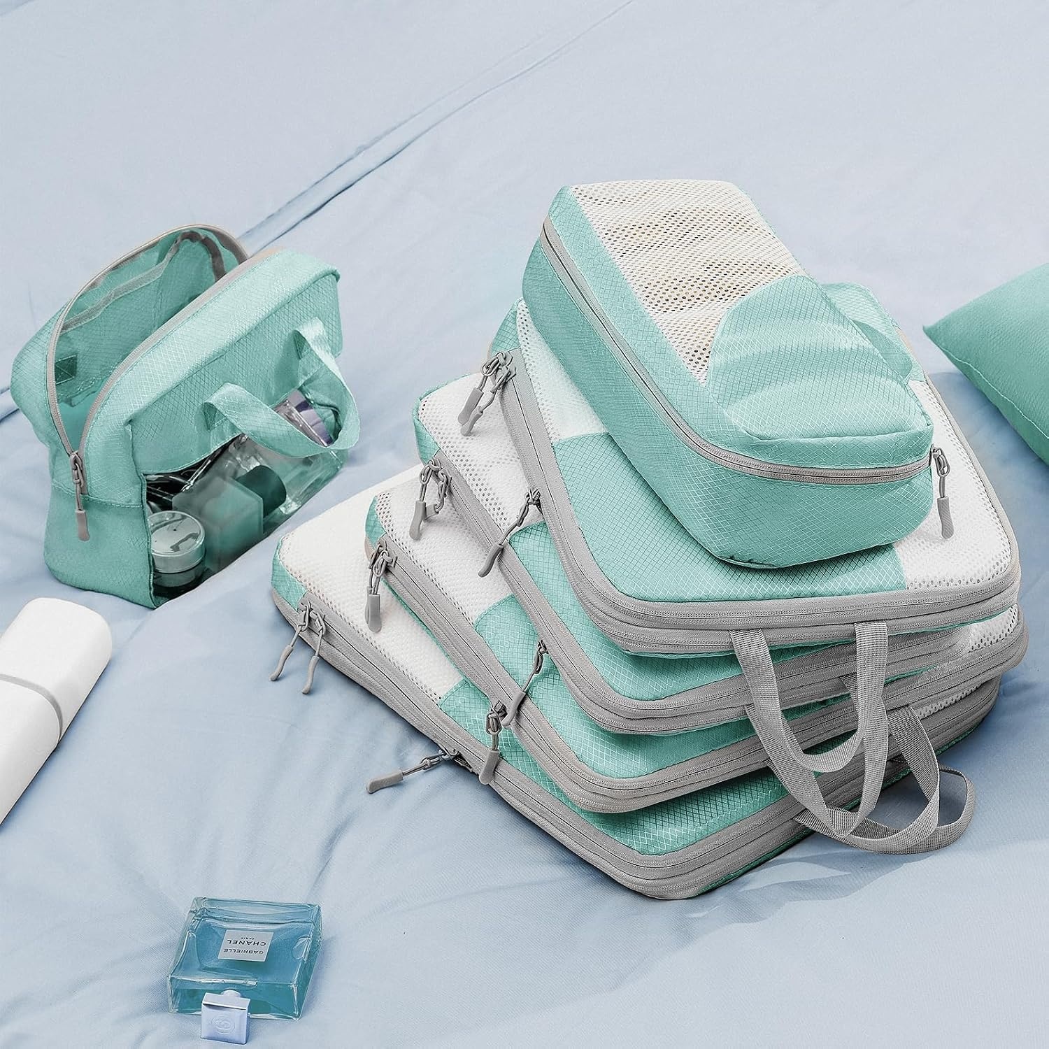 image:imageDIMJ Compression Packing Cubes 8 Set for Travel With Double Zipper Mesh Cubes With Clear Window Wash Bag Blue YSHX005