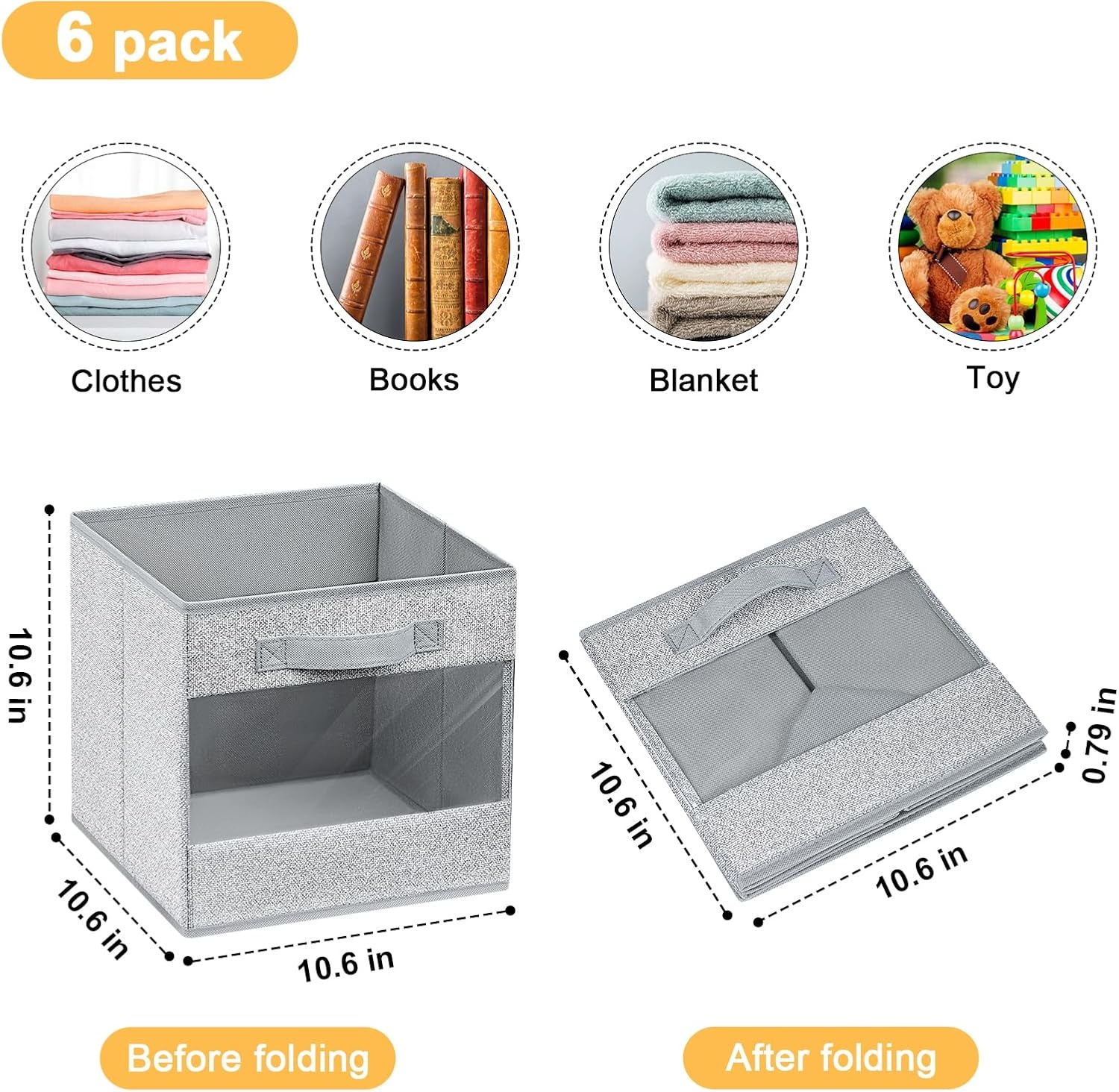 image:imageDIMJ Cube Storage Bin 6 Pack Collapsible Storage Bins Cube Storage Organizer with Window Fabric Storage Bins for Shelves Closet Baskets for Clothes Toys Books