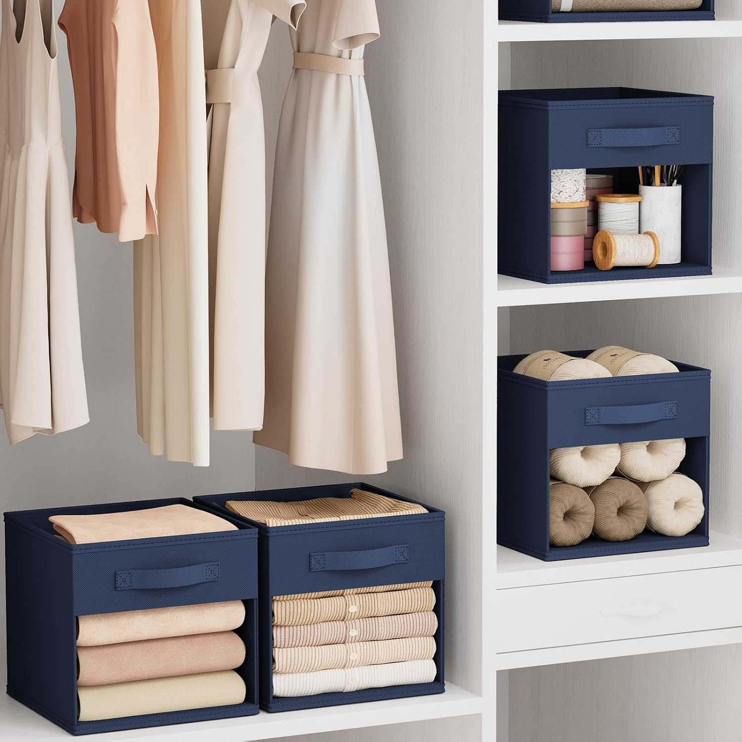 image:imageDIMJ Cube Storage Bin 6 Packs Collapsible Storage Bins with Handles Fabric Bins for Organization Cube Storage Organizer Bins for Closet Organization and Storage BeigeNavy Blue