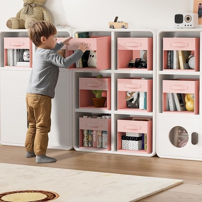 image:imageDIMJ Cube Storage Bin 6 Packs Collapsible Storage Bins with Handles Fabric Bins for Organization Cube Storage Organizer Bins for Closet Organization and Storage BeigePink
