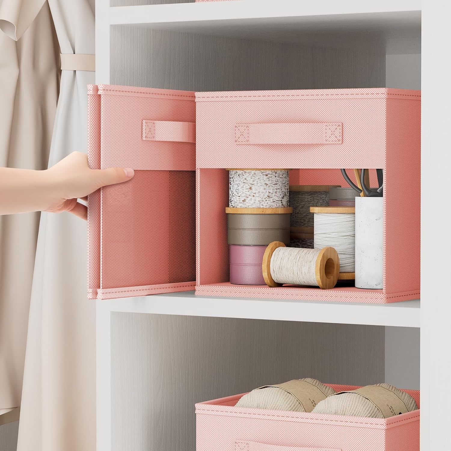 image:imageDIMJ Cube Storage Bin 6 Packs Collapsible Storage Bins with Handles Fabric Bins for Organization Cube Storage Organizer Bins for Closet Organization and Storage BeigePink