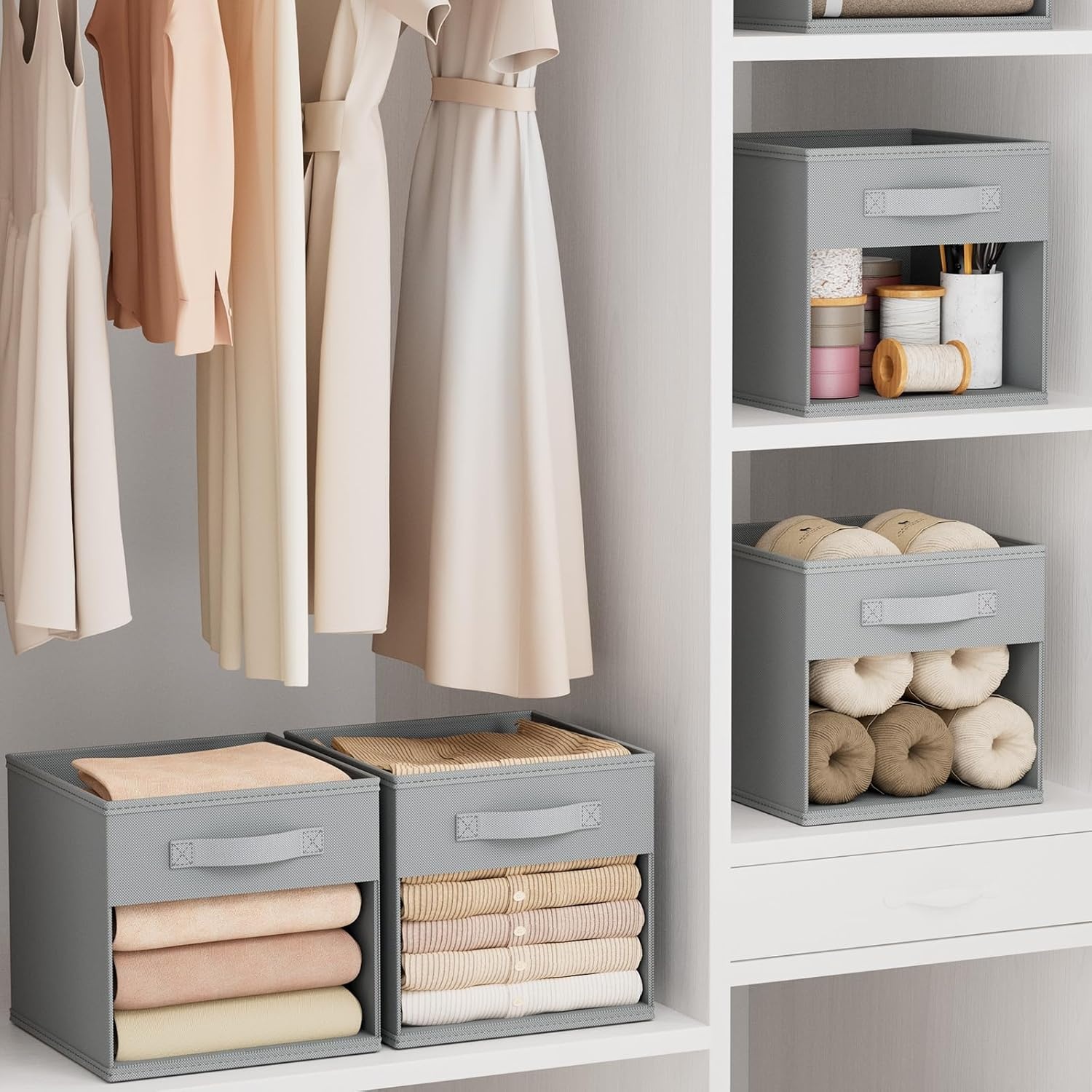 image:imageDIMJ Cube Storage Bin 6 Packs Collapsible Storage Bins with Handles Fabric Bins for Organization Cube Storage Organizer Bins for Closet Organization and Storage BeigeGrey