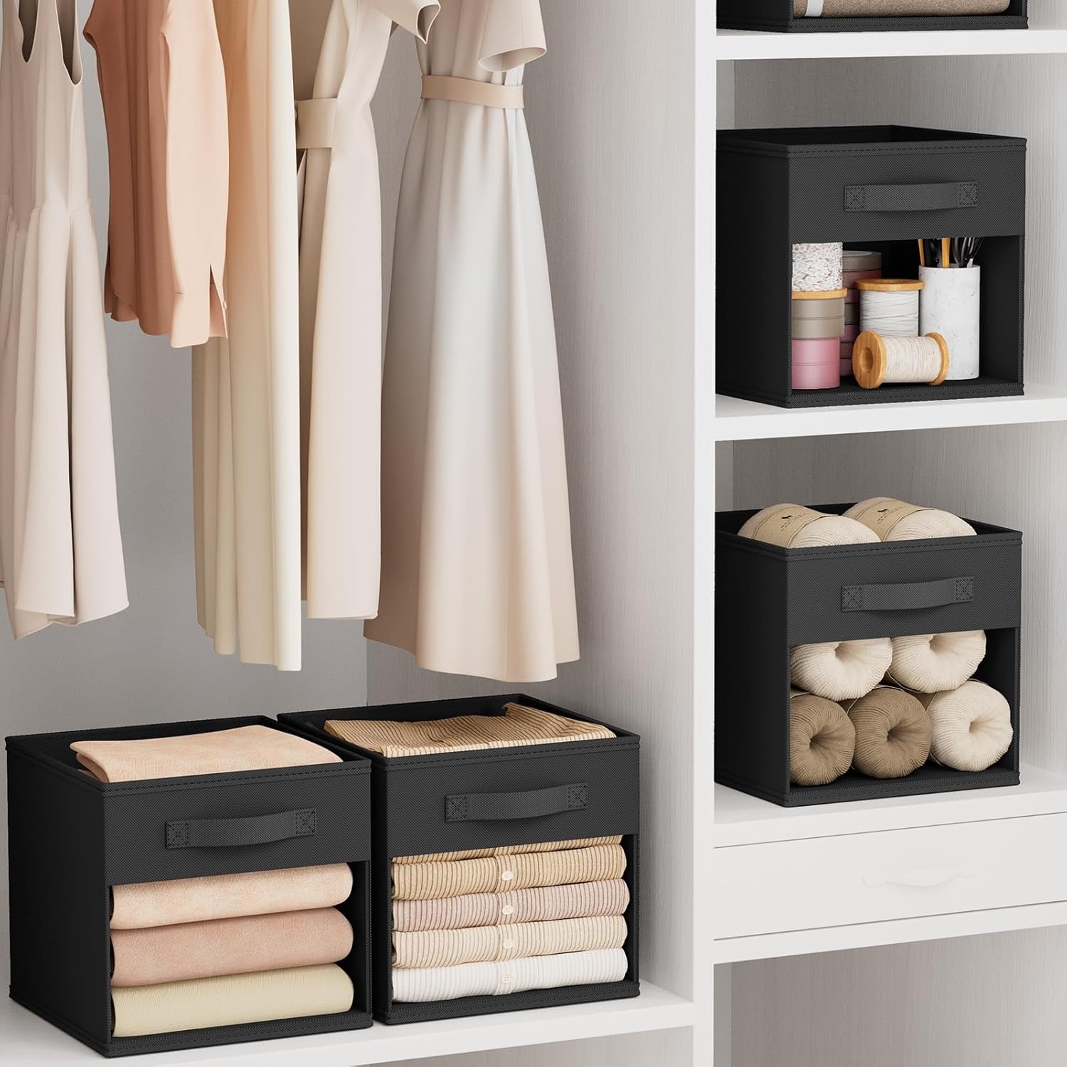 image:imageDIMJ Cube Storage Bin 6 Packs Collapsible Storage Bins with Handles Fabric Bins for Organization Cube Storage Organizer Bins for Closet Organization and Storage BeigeBlack