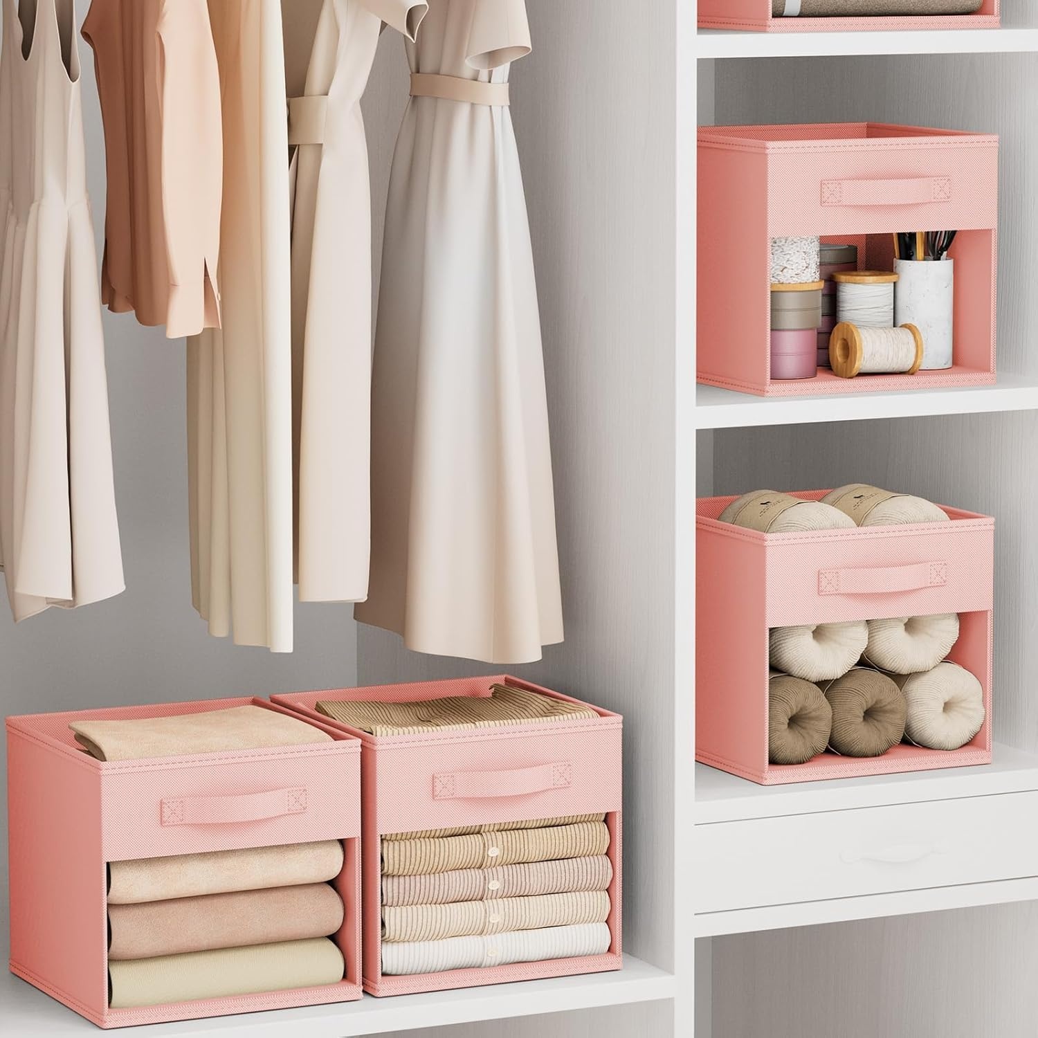 image:imageDIMJ Cube Storage Bin 6 Packs Collapsible Storage Bins with Handles Fabric Bins for Organization Cube Storage Organizer Bins for Closet Organization and Storage BeigePink