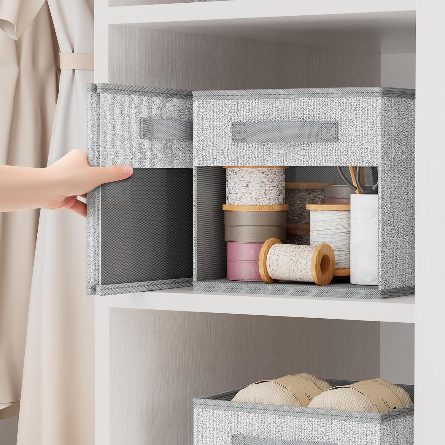 image:imageDIMJ Cube Storage Bin 6 Packs Collapsible Storage Bins with Handles Fabric Bins for Organization Cube Storage Organizer Bins for Closet Organization and Storage BeigeBlended Gray