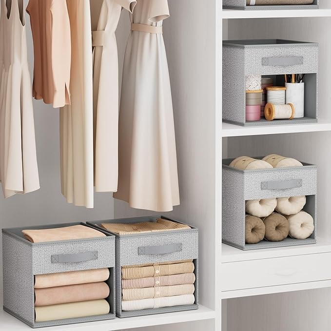 image:imageDIMJ Cube Storage Bin 6 Packs Collapsible Storage Bins with Handles Fabric Bins for Organization Cube Storage Organizer Bins for Closet Organization and Storage BeigeBlended Gray