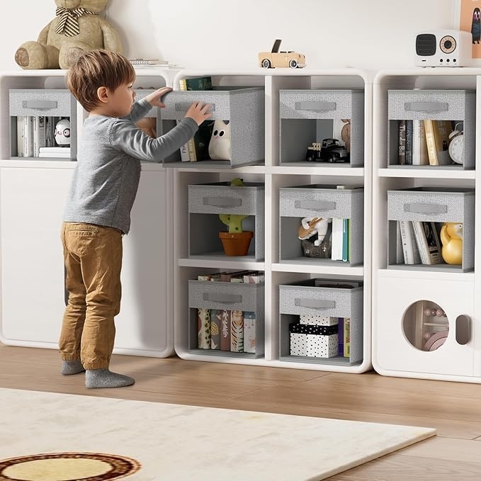 image:imageDIMJ Cube Storage Bin 6 Packs Collapsible Storage Bins with Handles Fabric Bins for Organization Cube Storage Organizer Bins for Closet Organization and Storage BeigeBlended Gray