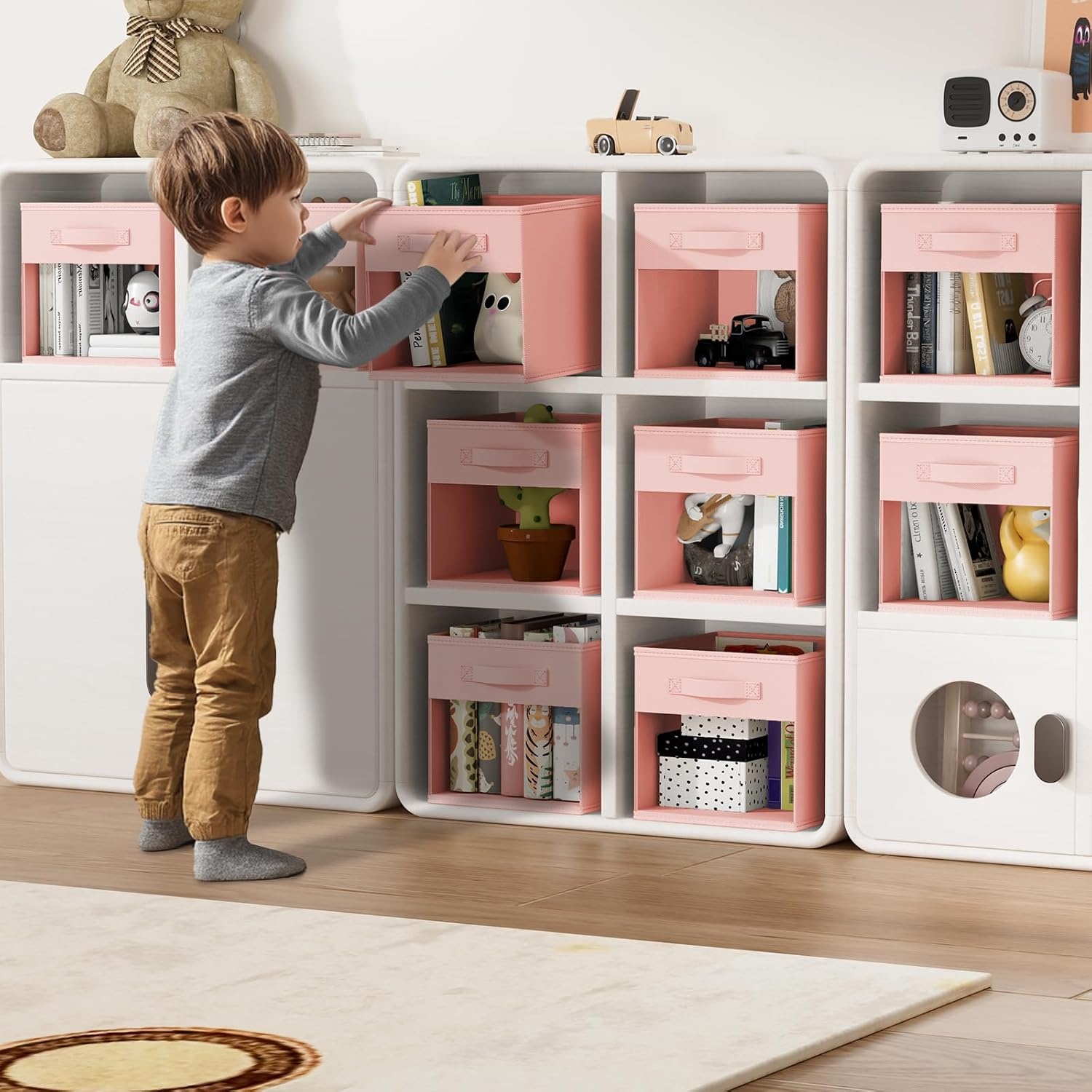 image:imageDIMJ Cube Storage Bin 6 Packs Collapsible Storage Bins with Handles Fabric Bins for Organization Cube Storage Organizer Bins for Closet Organization and Storage BeigePink