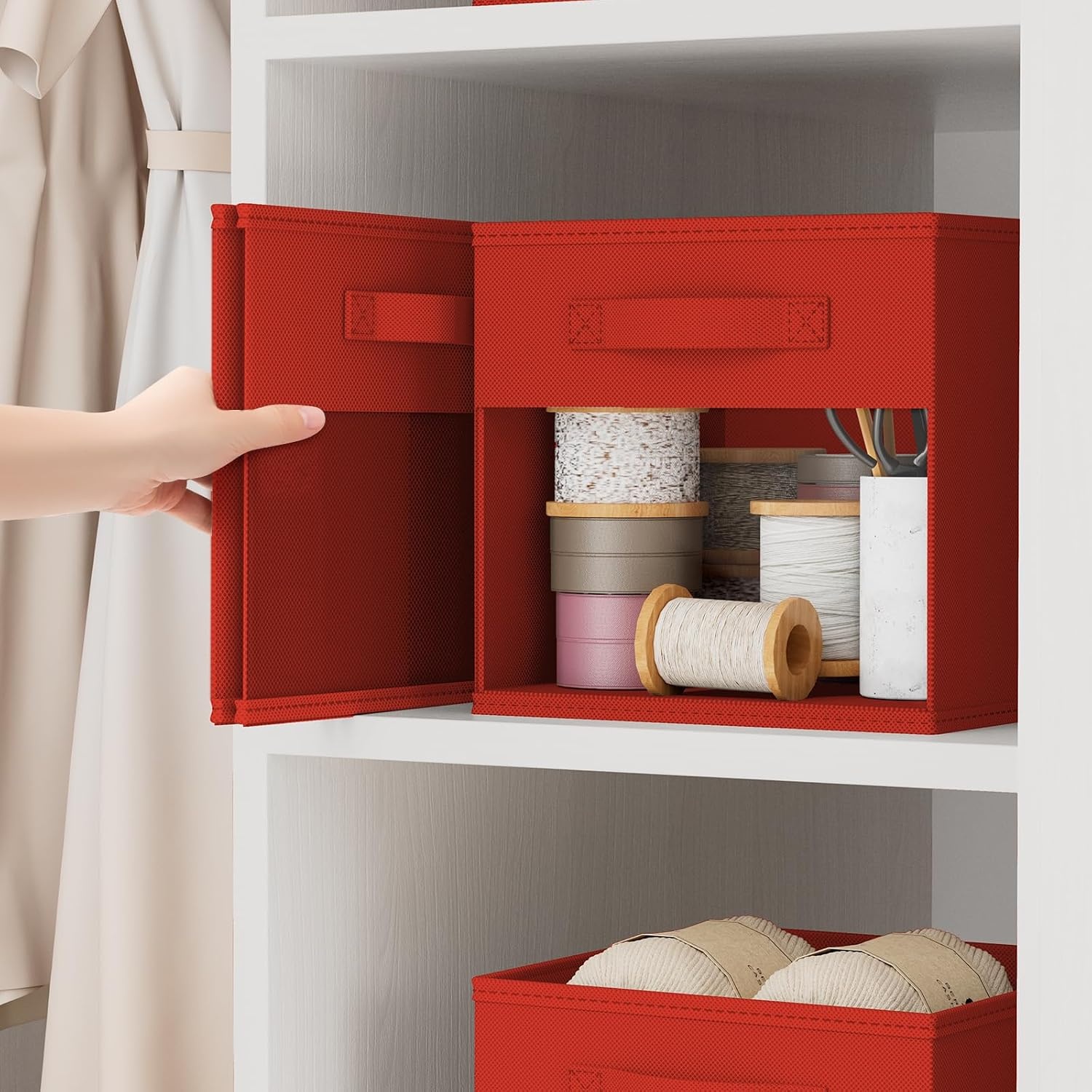 image:imageDIMJ Cube Storage Bin 6 Packs Collapsible Storage Bins with Handles Fabric Bins for Organization Cube Storage Organizer Bins for Closet Organization and Storage BeigeRed