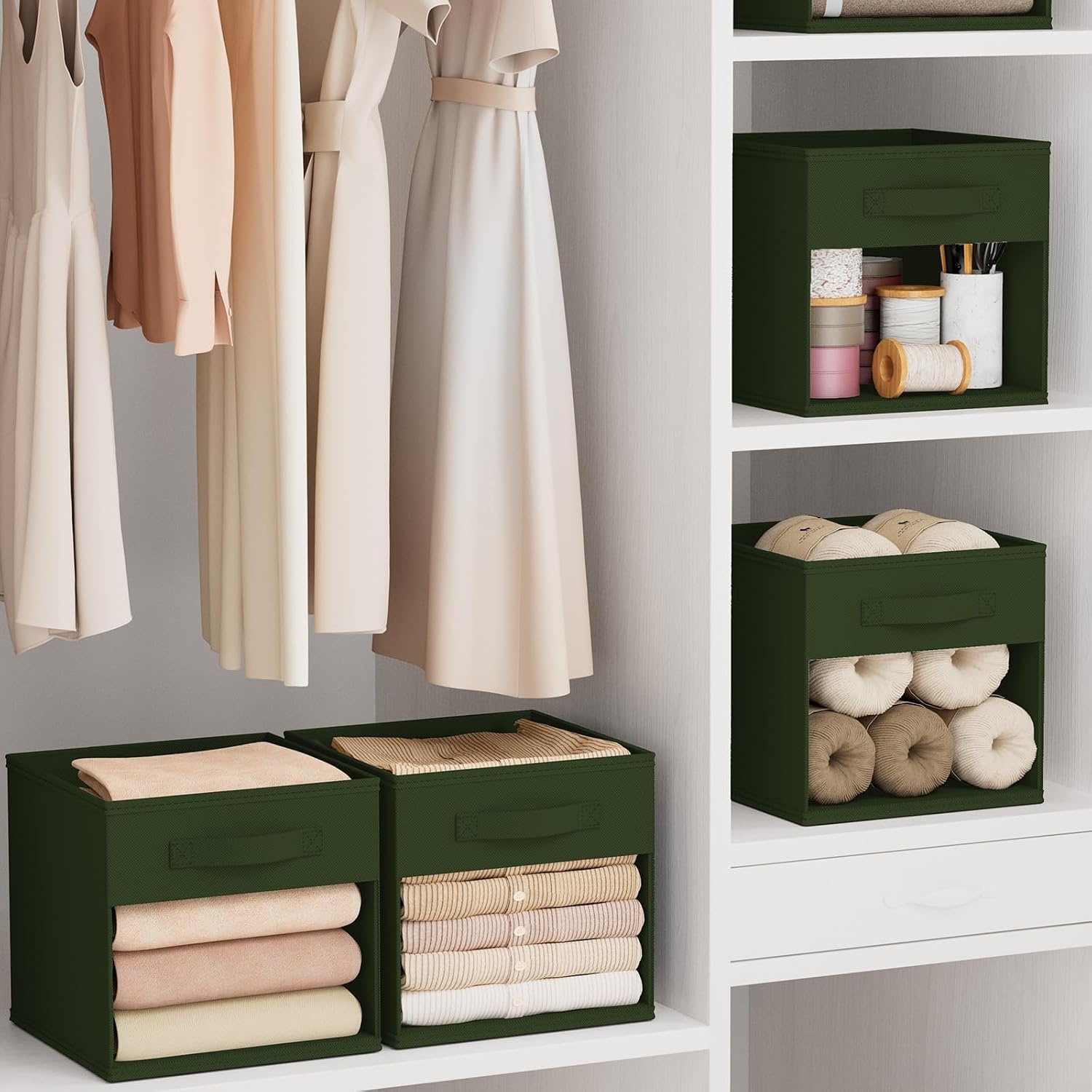 image:imageDIMJ Cube Storage Bin 6 Packs Collapsible Storage Bins with Handles Fabric Bins for Organization Cube Storage Organizer Bins for Closet Organization and Storage BeigeGreen