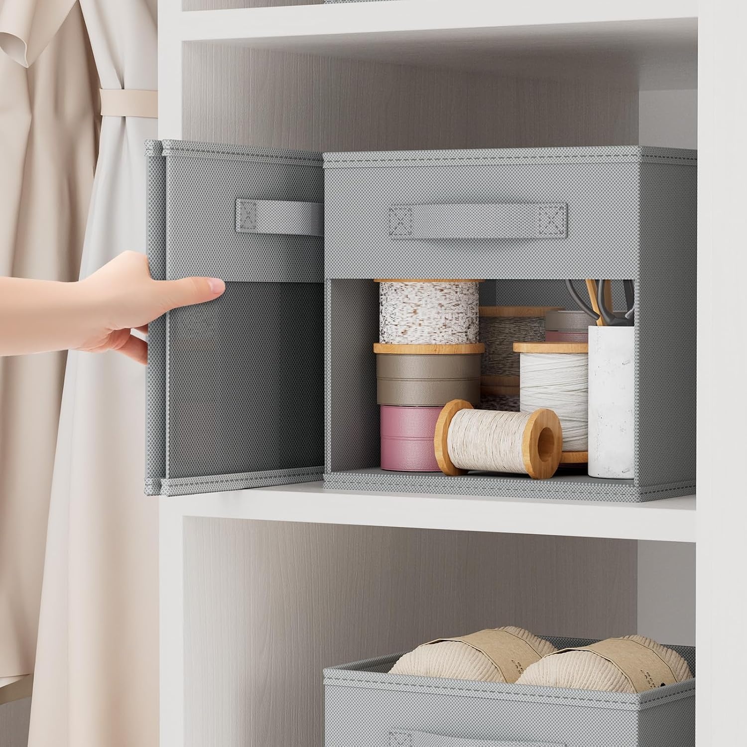 image:imageDIMJ Cube Storage Bin 6 Packs Collapsible Storage Bins with Handles Fabric Bins for Organization Cube Storage Organizer Bins for Closet Organization and Storage BeigeGrey