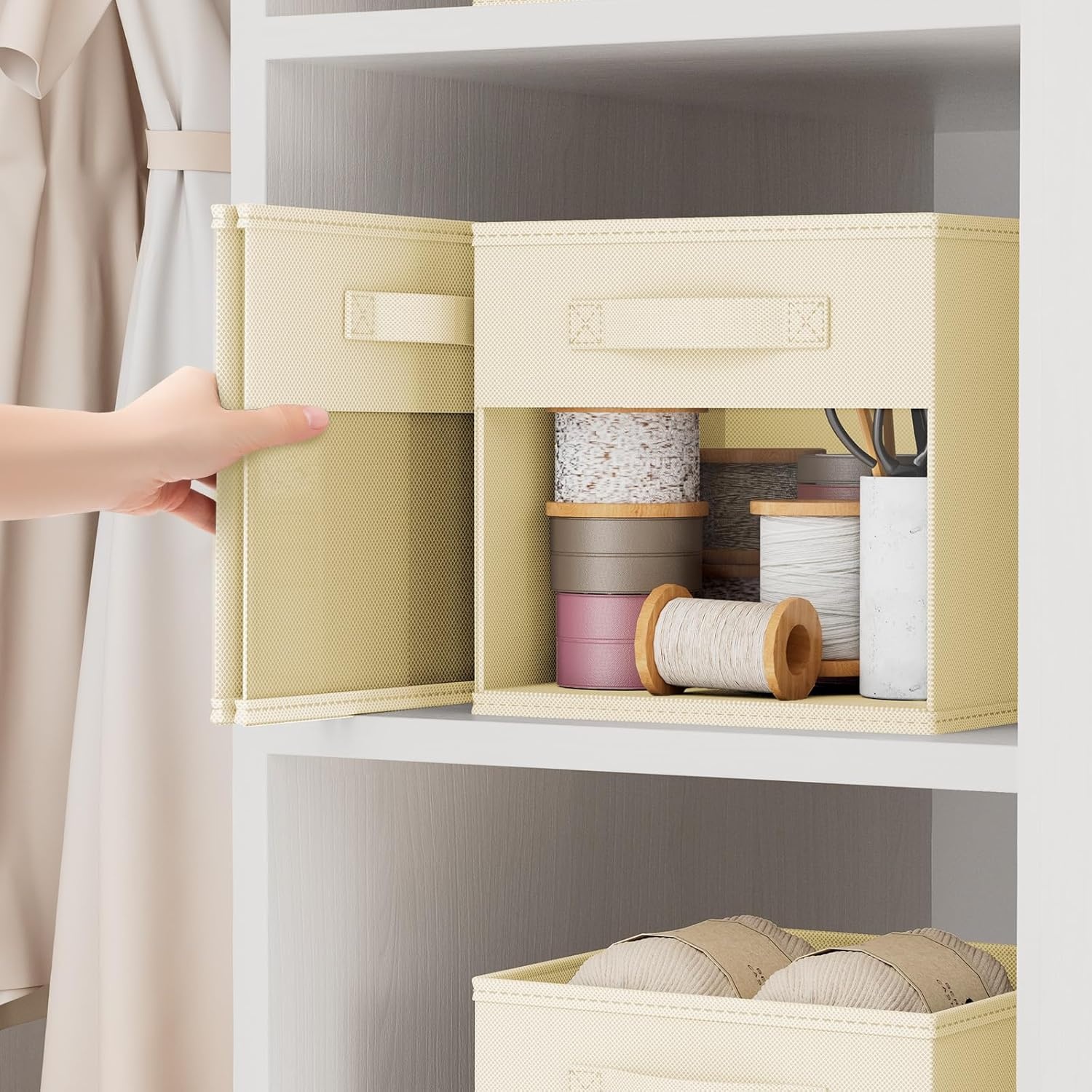 image:imageDIMJ Cube Storage Bin 6 Packs Collapsible Storage Bins with Handles Fabric Bins for Organization Cube Storage Organizer Bins for Closet Organization and Storage BeigeBeige