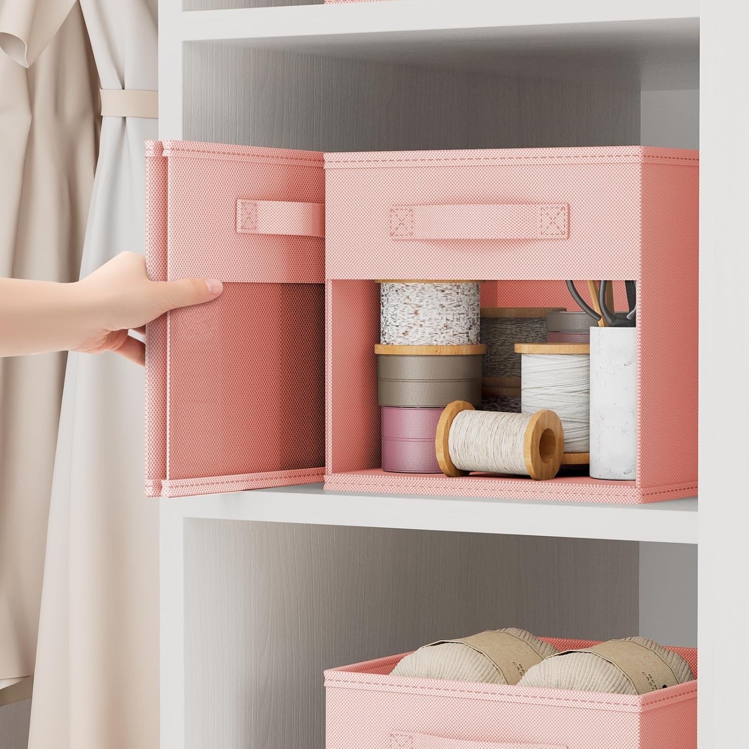 image:imageDIMJ Cube Storage Bin 6 Packs Collapsible Storage Bins with Handles Fabric Bins for Organization Cube Storage Organizer Bins for Closet Organization and Storage BeigePink