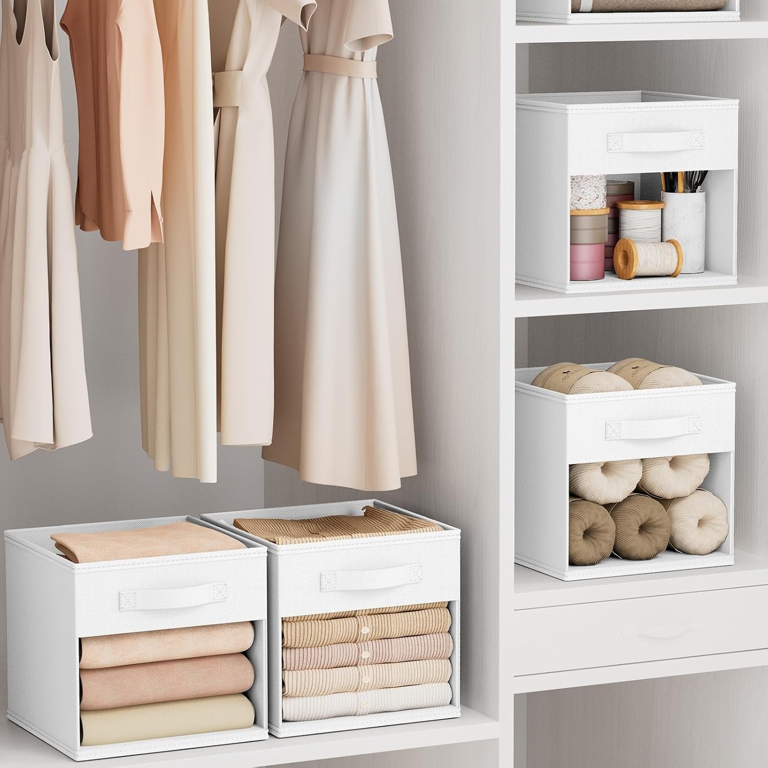 image:imageDIMJ Cube Storage Bin 6 Packs Collapsible Storage Bins with Handles Fabric Bins for Organization Cube Storage Organizer Bins for Closet Organization and Storage BeigeWhite