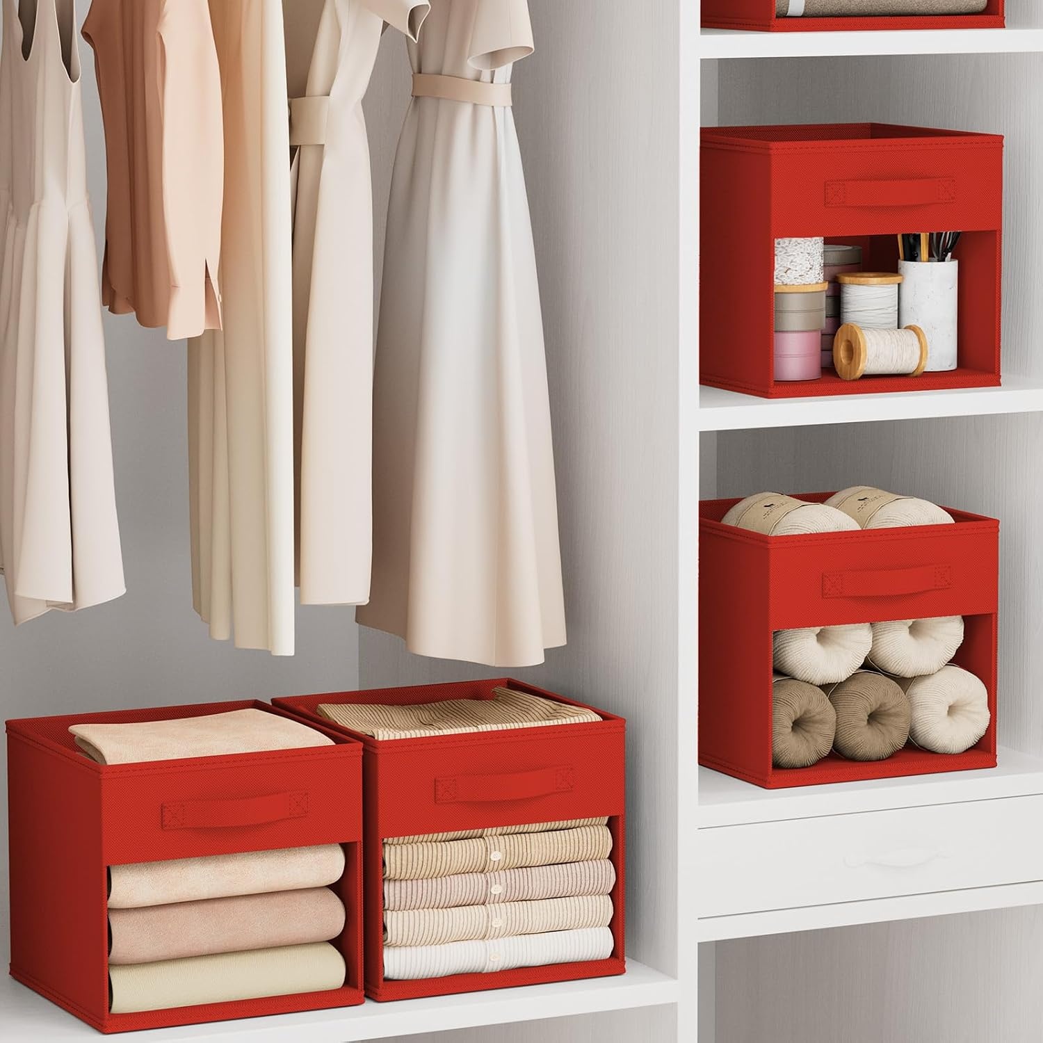 image:imageDIMJ Cube Storage Bin 6 Packs Collapsible Storage Bins with Handles Fabric Bins for Organization Cube Storage Organizer Bins for Closet Organization and Storage BeigeRed