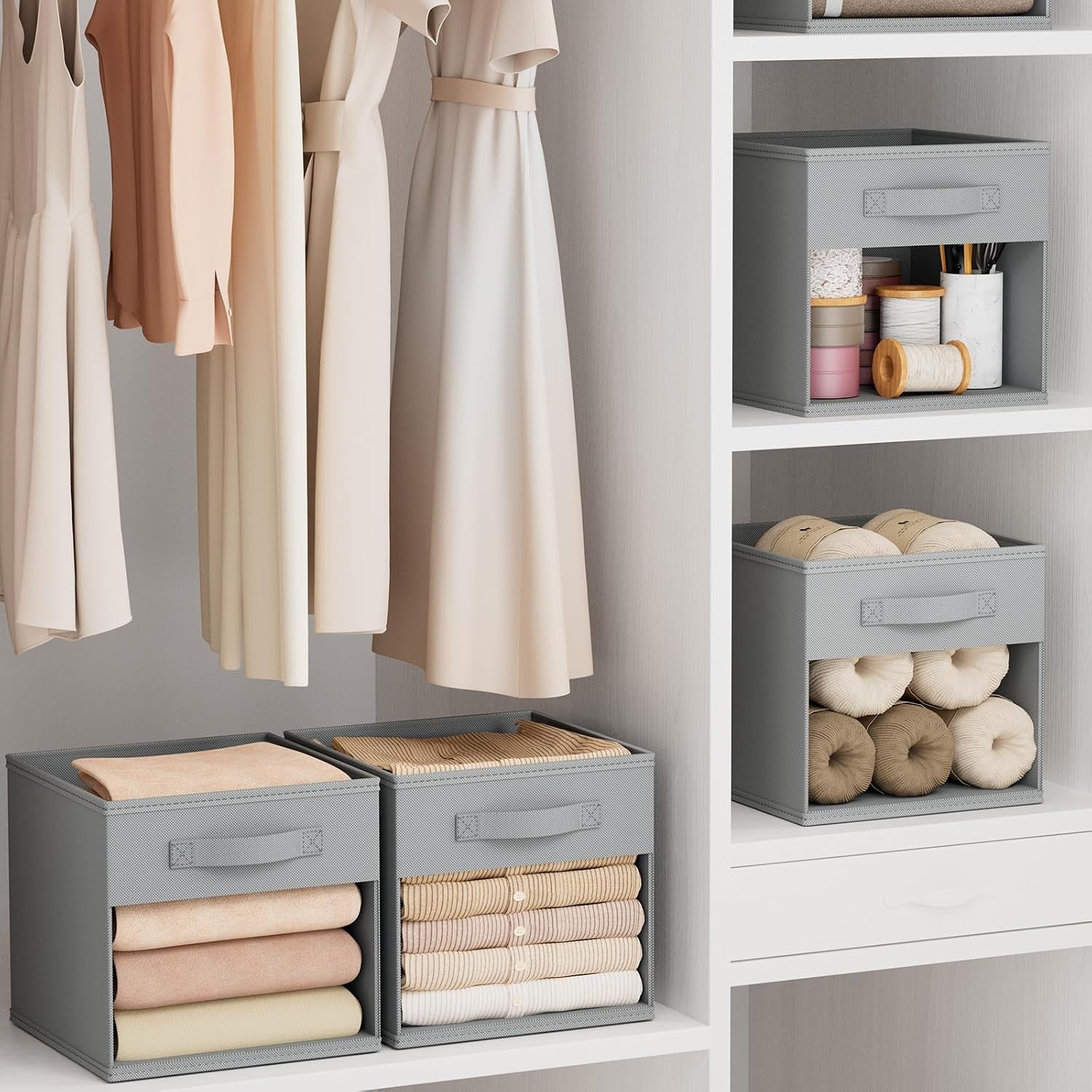 image:imageDIMJ Cube Storage Bin 6 Packs Collapsible Storage Bins with Handles Fabric Bins for Organization Cube Storage Organizer Bins for Closet Organization and Storage Beigegray
