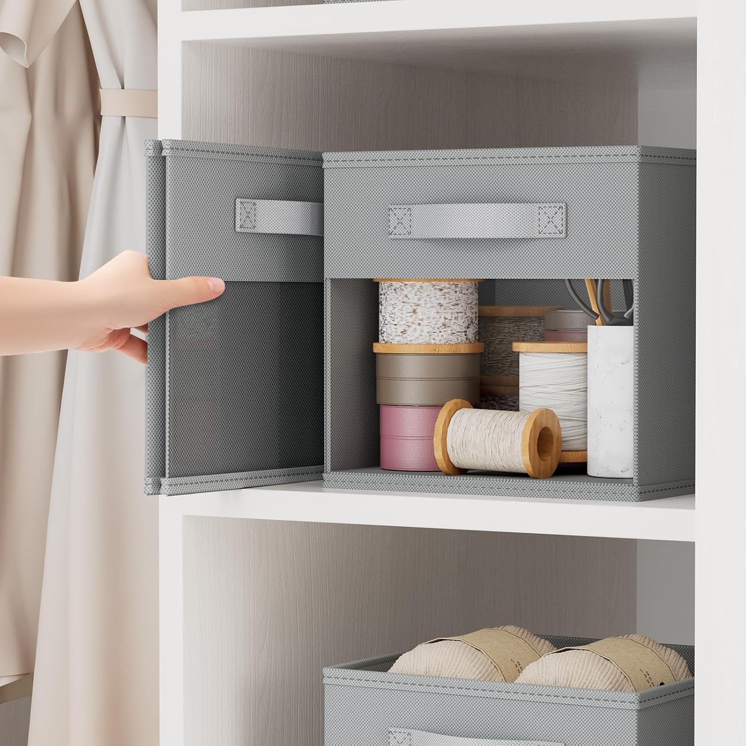 image:imageDIMJ Cube Storage Bin 6 Packs Collapsible Storage Bins with Handles Fabric Bins for Organization Cube Storage Organizer Bins for Closet Organization and Storage BeigeGrey