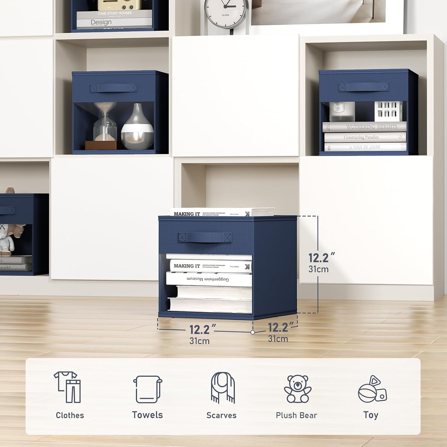 image:imageDIMJ Cube Storage Bin 6 Packs Collapsible Storage Bins with Handles Fabric Bins for Organization Cube Storage Organizer Bins for Closet Organization and Storage BeigeNavy Blue
