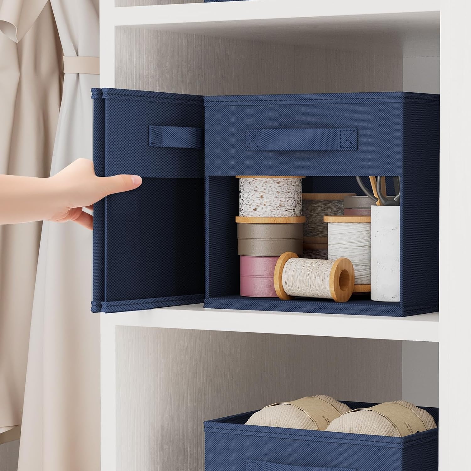 image:imageDIMJ Cube Storage Bin 6 Packs Collapsible Storage Bins with Handles Fabric Bins for Organization Cube Storage Organizer Bins for Closet Organization and Storage BeigeNavy Blue