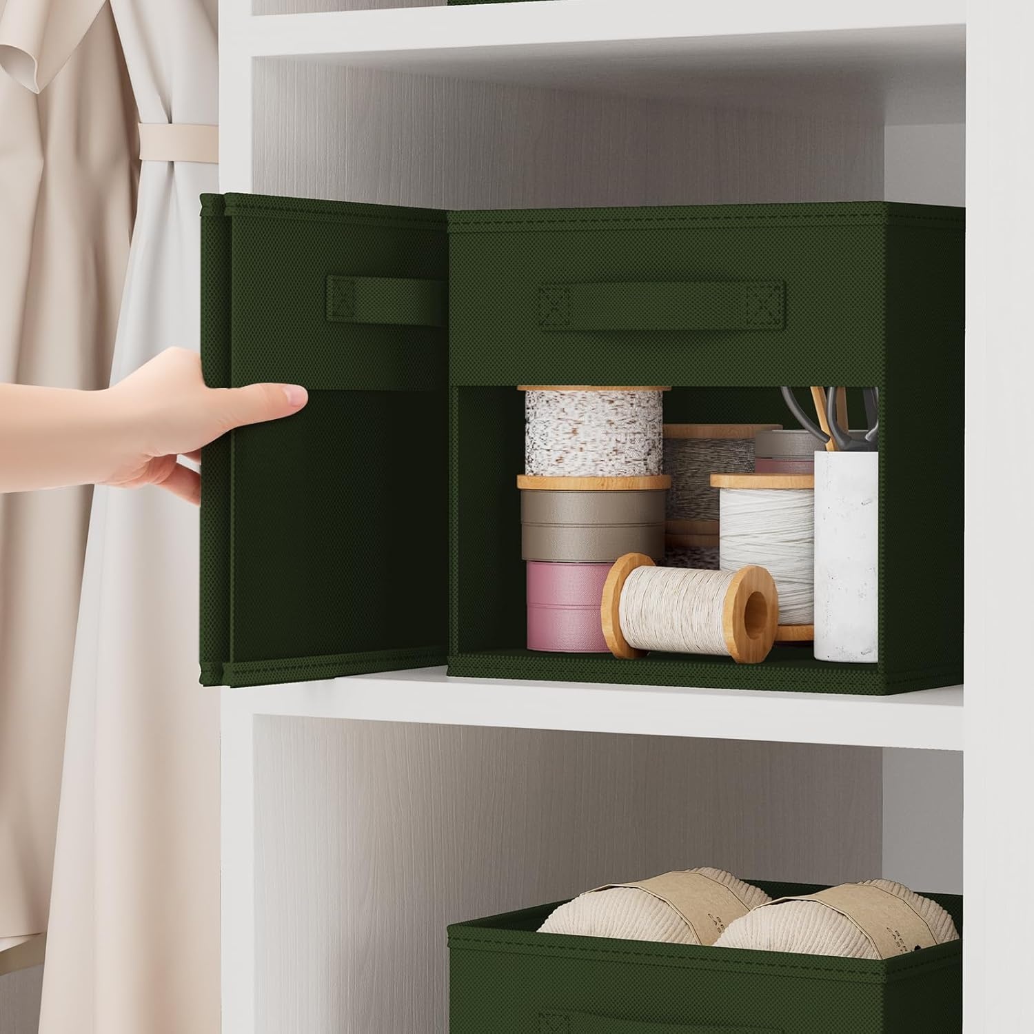 image:imageDIMJ Cube Storage Bin 6 Packs Collapsible Storage Bins with Handles Fabric Bins for Organization Cube Storage Organizer Bins for Closet Organization and Storage BeigeGreen