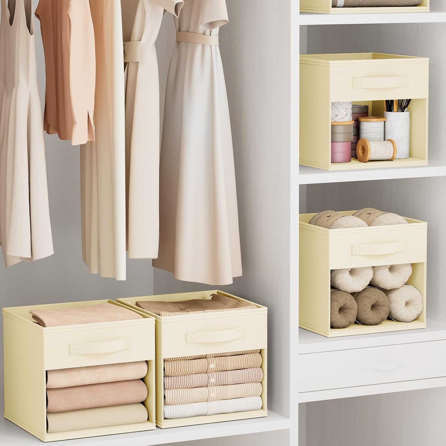 image:imageDIMJ Cube Storage Bin 6 Packs Collapsible Storage Bins with Handles Fabric Bins for Organization Cube Storage Organizer Bins for Closet Organization and Storage BeigeBeige