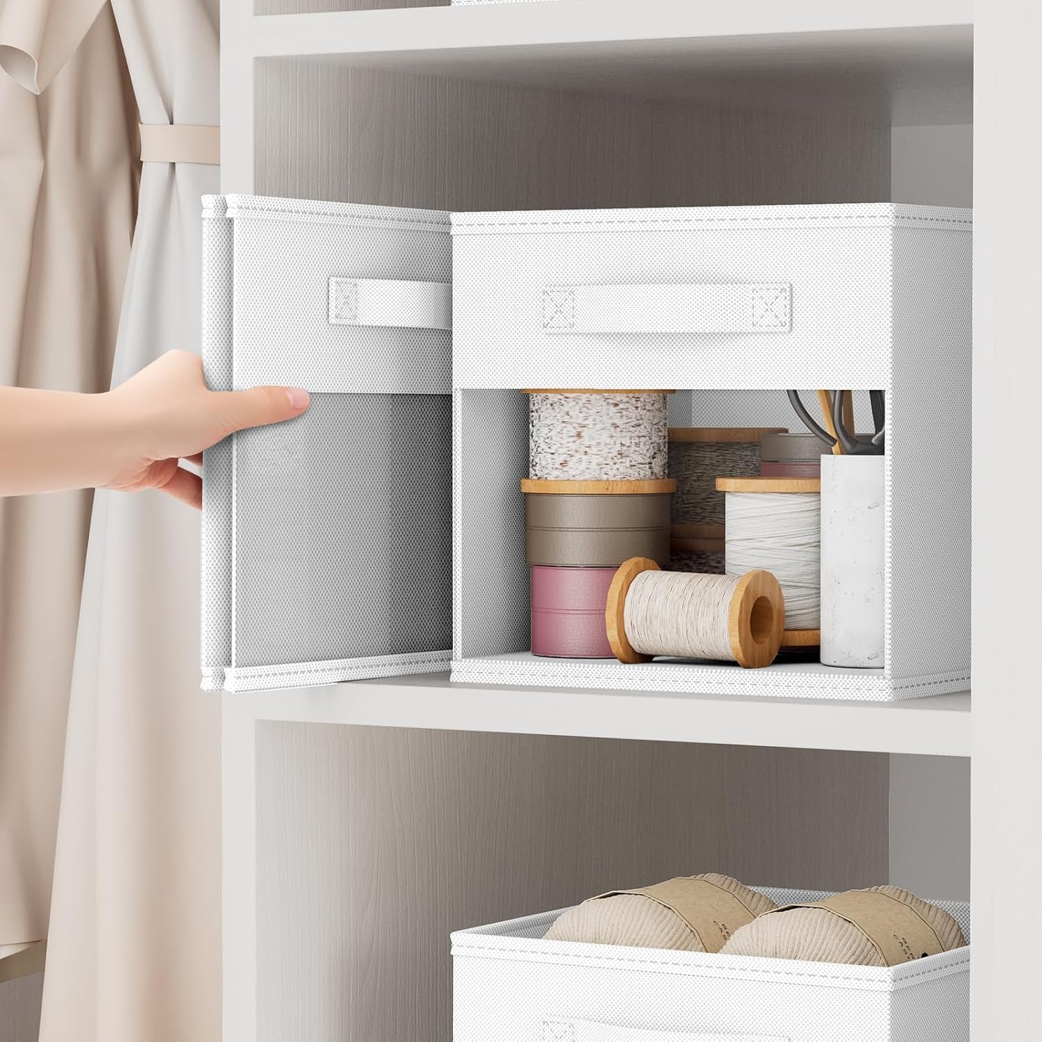 image:imageDIMJ Cube Storage Bin 6 Packs Collapsible Storage Bins with Handles Fabric Bins for Organization Cube Storage Organizer Bins for Closet Organization and Storage BeigeWhite