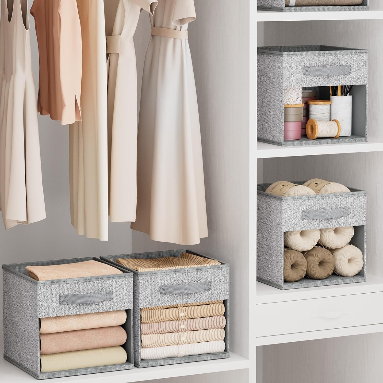 image:imageDIMJ Cube Storage Bin 6 Packs Collapsible Storage Bins with Handles Fabric Bins for Organization Cube Storage Organizer Bins for Closet Organization and Storage BeigeBlended Gray