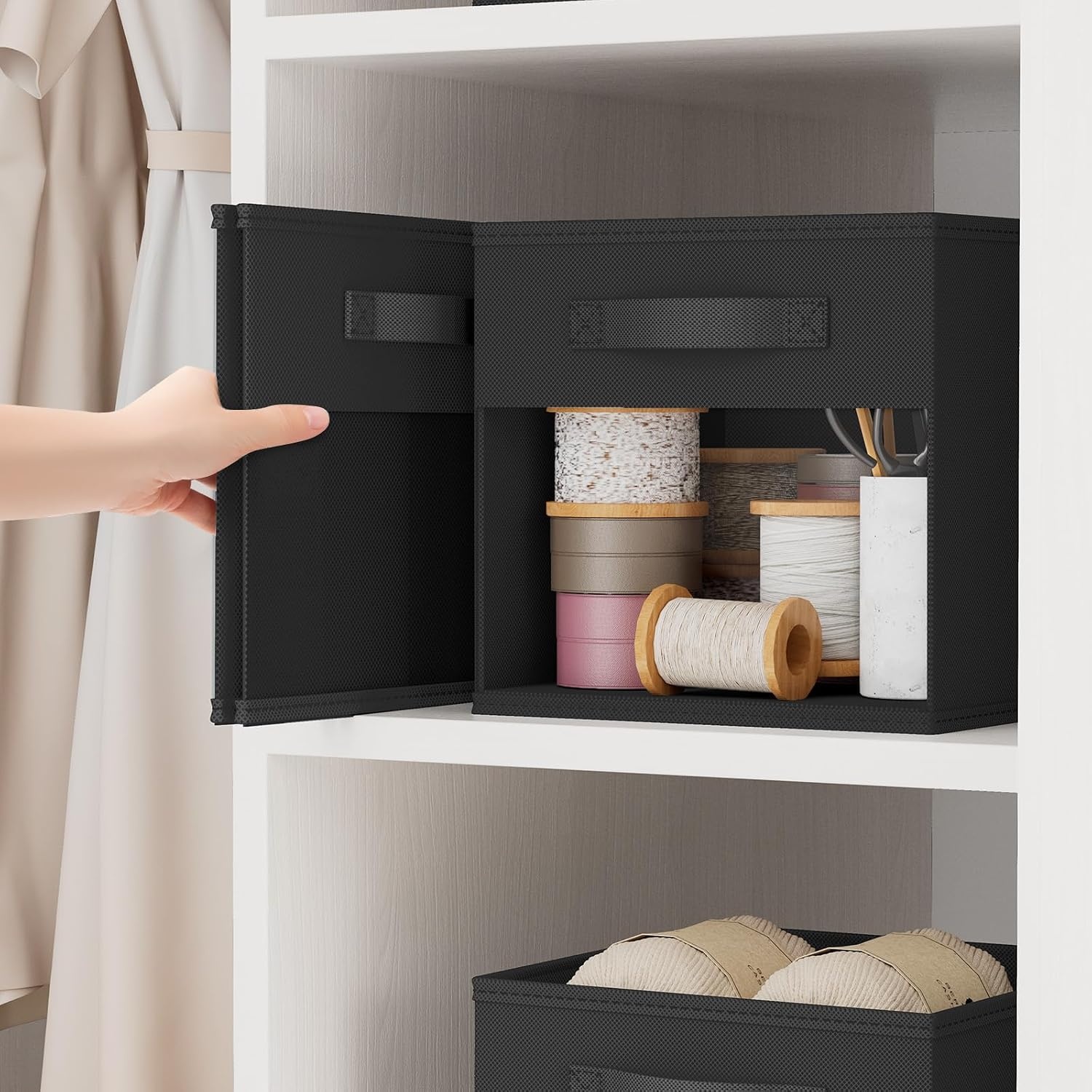 image:imageDIMJ Cube Storage Bin 6 Packs Collapsible Storage Bins with Handles Fabric Bins for Organization Cube Storage Organizer Bins for Closet Organization and Storage BeigeBlack