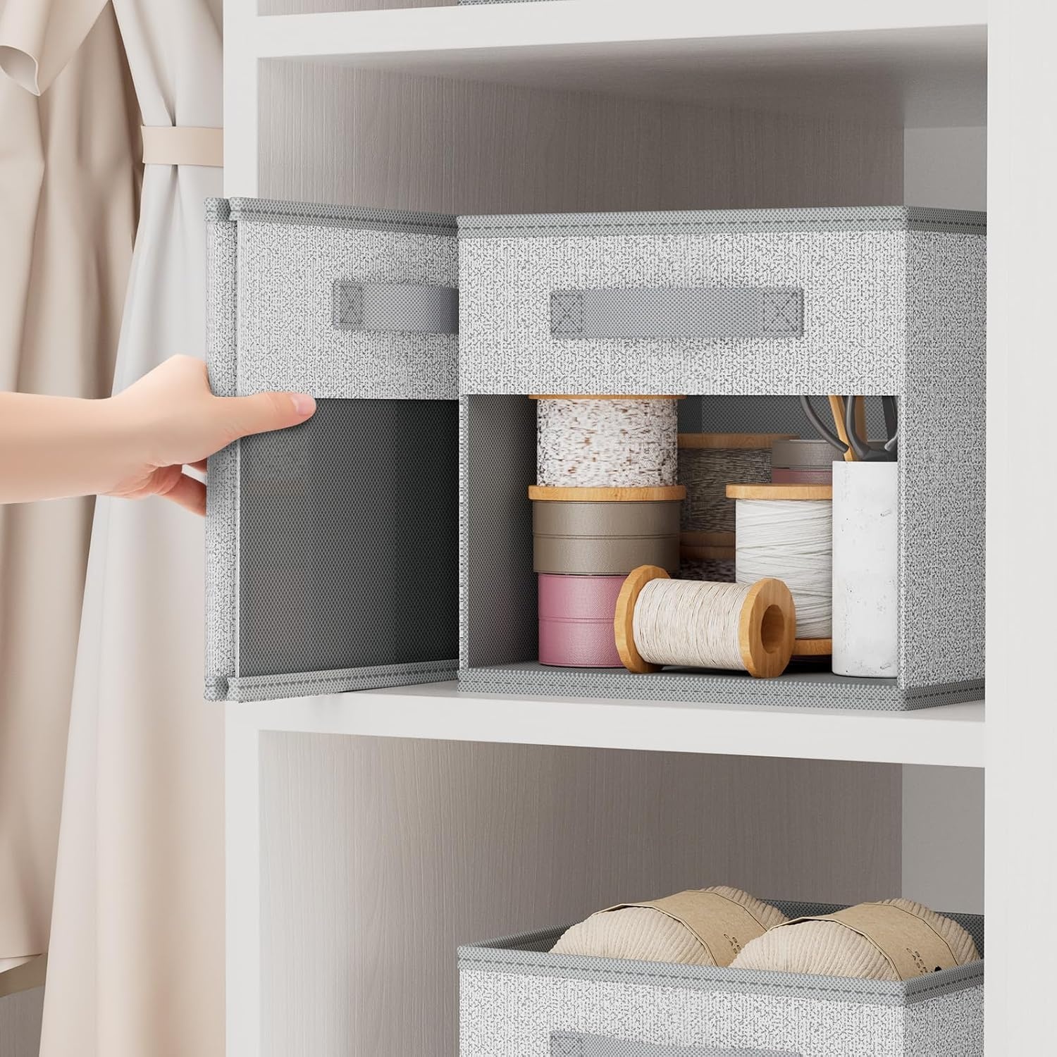 image:imageDIMJ Cube Storage Bin 6 Packs Collapsible Storage Bins with Handles Fabric Bins for Organization Cube Storage Organizer Bins for Closet Organization and Storage BeigeBlended Gray