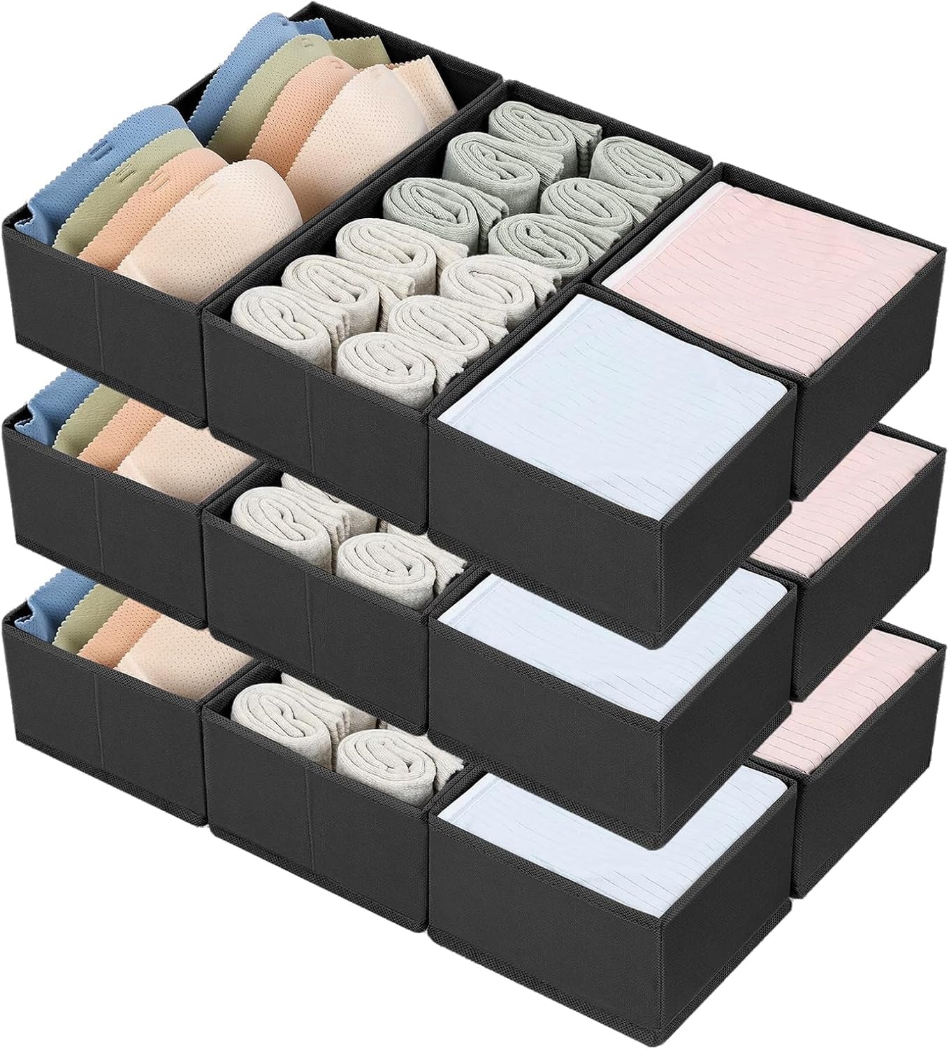 image:imageDIMJ Drawer Organizers Clothes Set of 4 Dresser Organizer Bins Fabric Closet Organizers and Storage Shallow Drawer Dividers for Nursery Clothing Baby Clothes Socks Underwears Tie GreyBlack