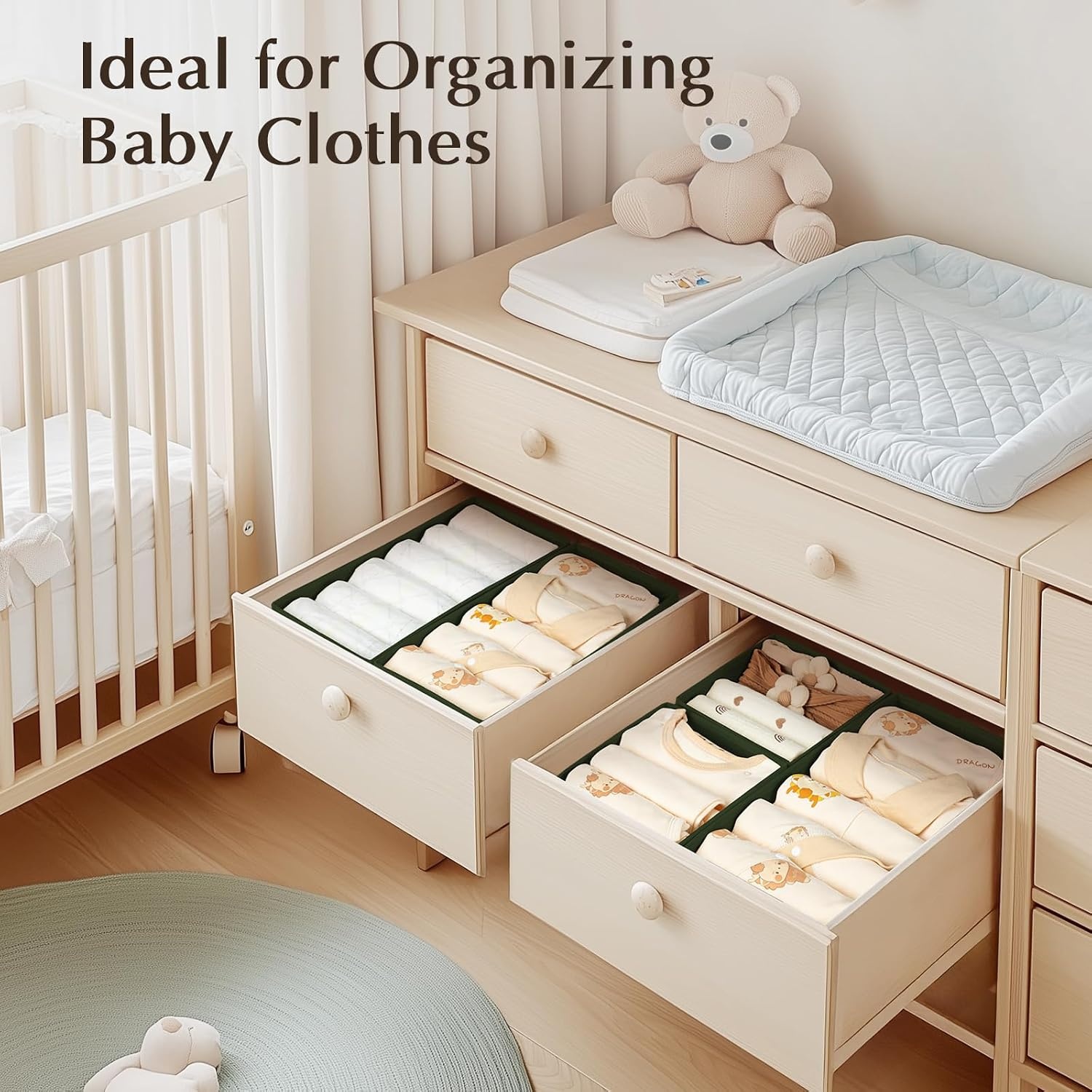 image:imageDIMJ Drawer Organizers Clothes Set of 4 Dresser Organizer Bins Fabric Closet Organizers and Storage Shallow Drawer Dividers for Nursery Clothing Baby Clothes Socks Underwears Tie GreyGreen