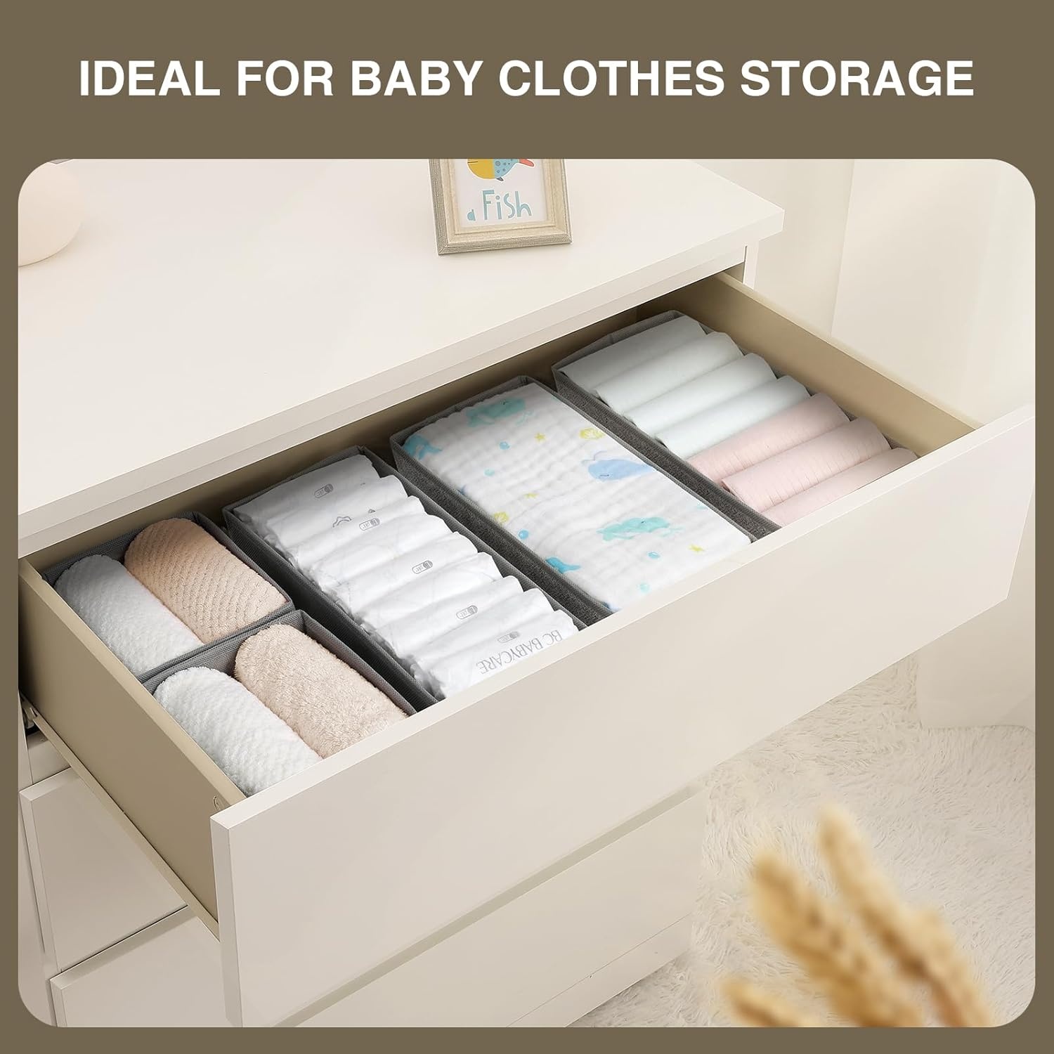 image:imageDIMJ Drawer Organizers Clothes Set of 4 Dresser Organizer Bins Fabric Closet Organizers and Storage Shallow Drawer Dividers for Nursery Clothing Baby Clothes Socks Underwears Tie GreyBlended Gray