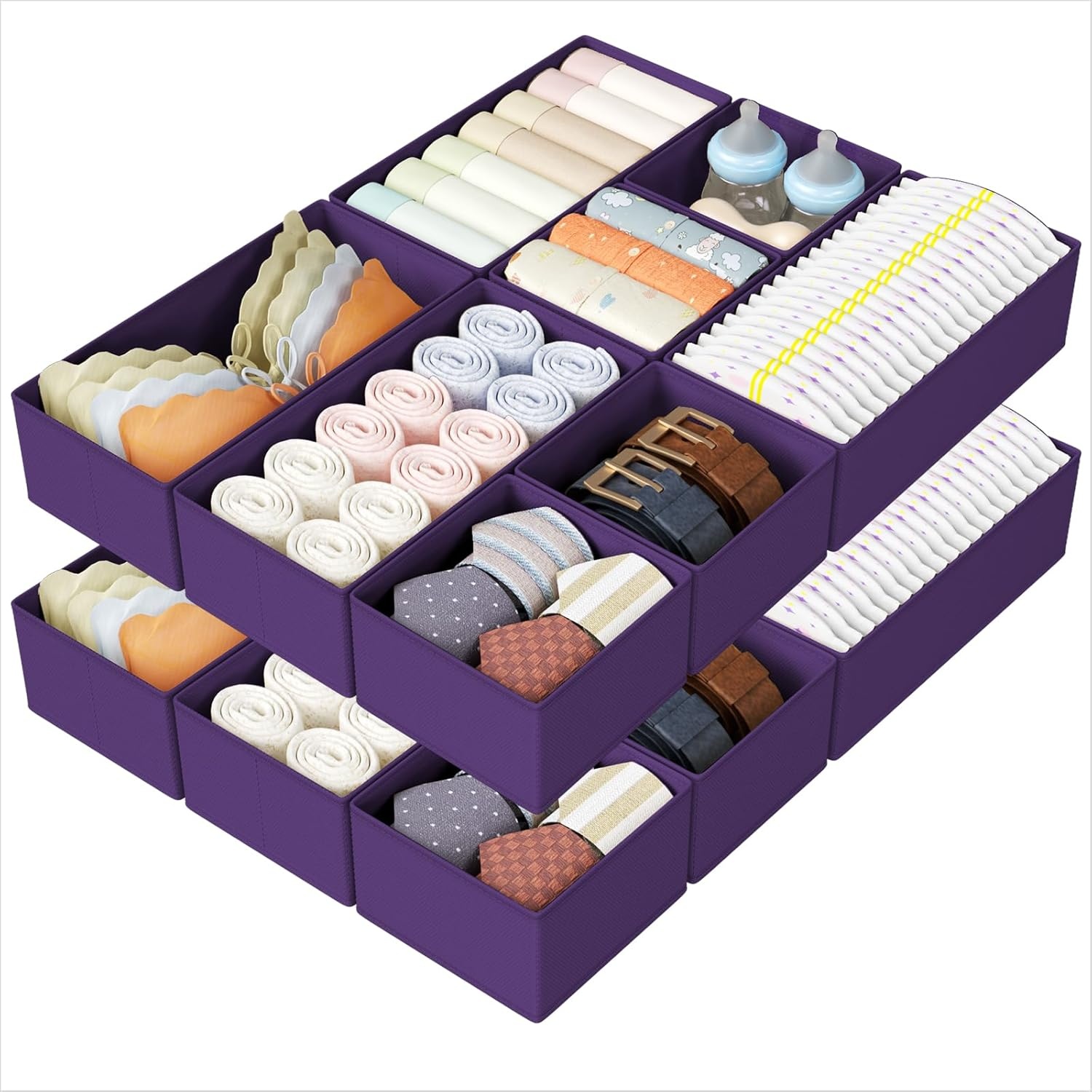 image:imageDIMJ Drawer Organizers Clothes Set of 4 Dresser Organizer Bins Fabric Closet Organizers and Storage Shallow Drawer Dividers for Nursery Clothing Baby Clothes Socks Underwears Tie GreyPurple
