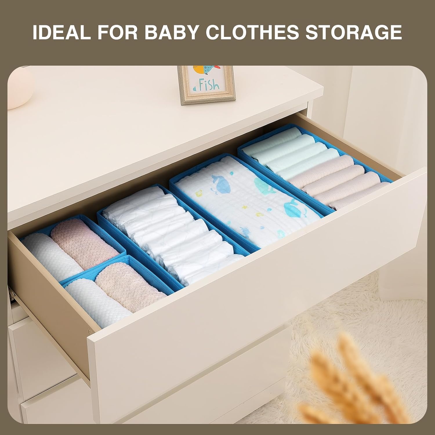 image:imageDIMJ Drawer Organizers Clothes Set of 4 Dresser Organizer Bins Fabric Closet Organizers and Storage Shallow Drawer Dividers for Nursery Clothing Baby Clothes Socks Underwears Tie GreyBlue