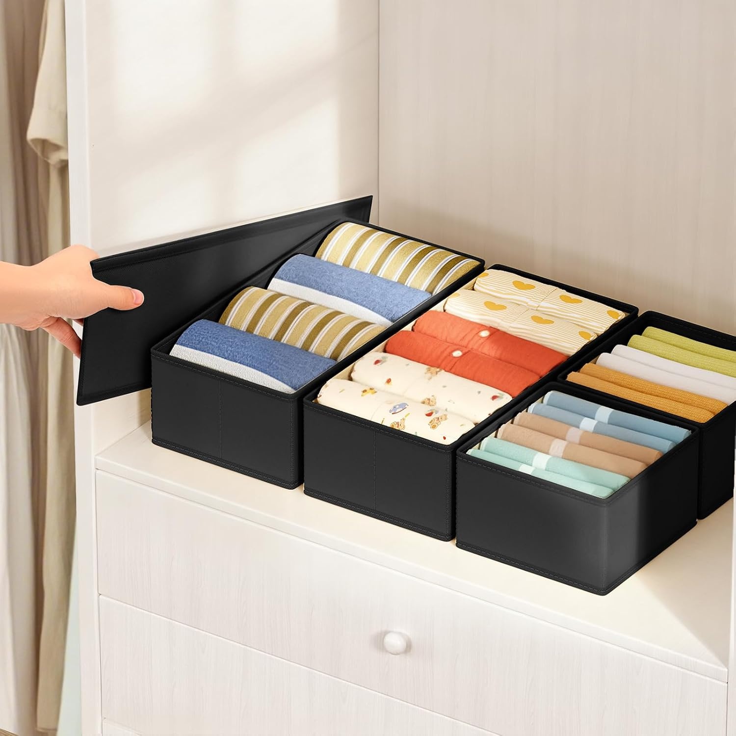 image:imageDIMJ Drawer Organizers Clothes Set of 4 Dresser Organizer Bins Fabric Closet Organizers and Storage Shallow Drawer Dividers for Nursery Clothing Baby Clothes Socks Underwears Tie GreyBlack