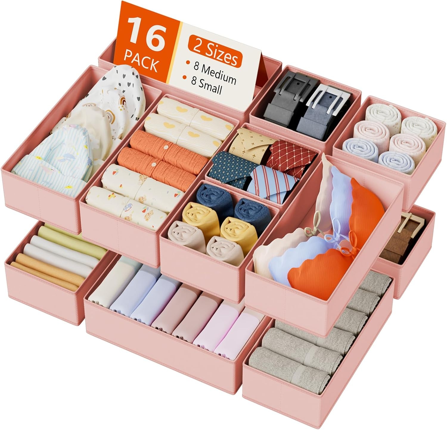 image:imageDIMJ Drawer Organizers Clothes Set of 4 Dresser Organizer Bins Fabric Closet Organizers and Storage Shallow Drawer Dividers for Nursery Clothing Baby Clothes Socks Underwears Tie GreyPink